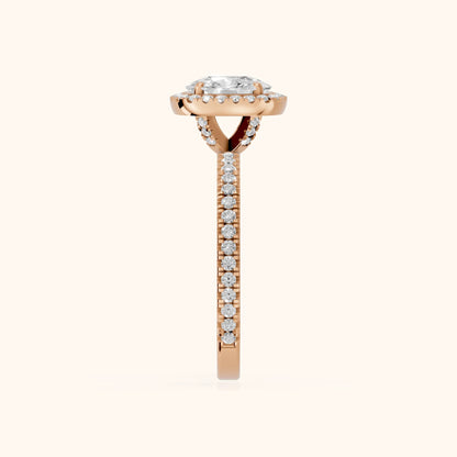 Rosemary Halo Pavé Cushion Diamond Engagement Ring in Rose Gold - SideView.webp