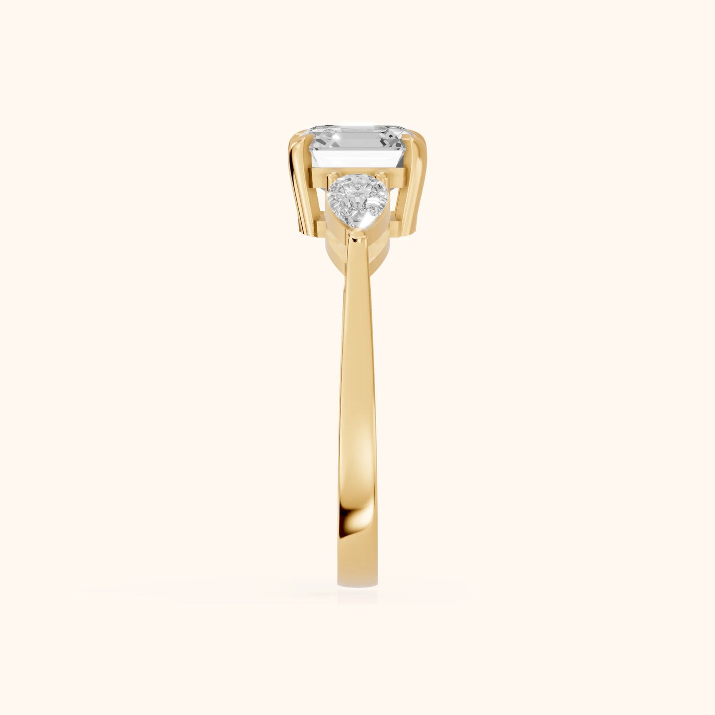 Grace Three Stone Asscher Diamond Engagement Ring in Yellow Gold - SideView