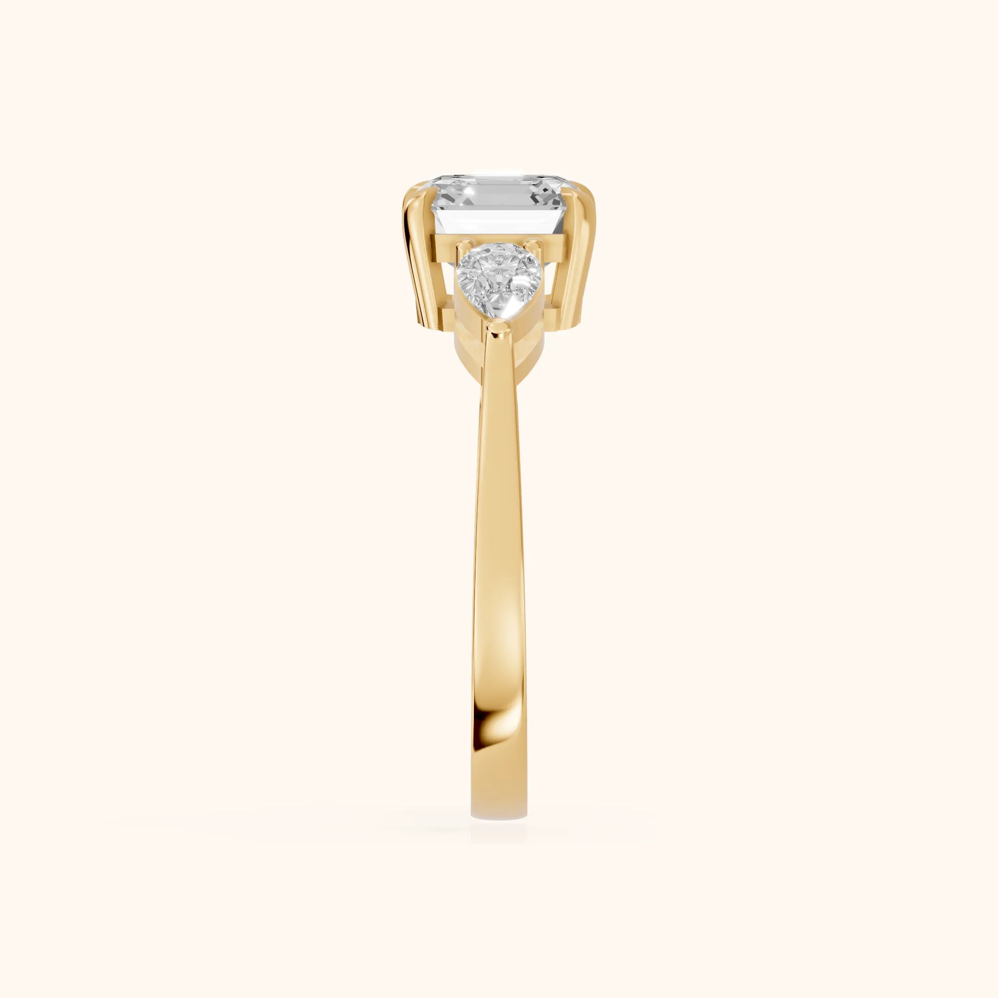 Grace Three Stone Asscher Diamond Engagement Ring in Yellow Gold - SideView