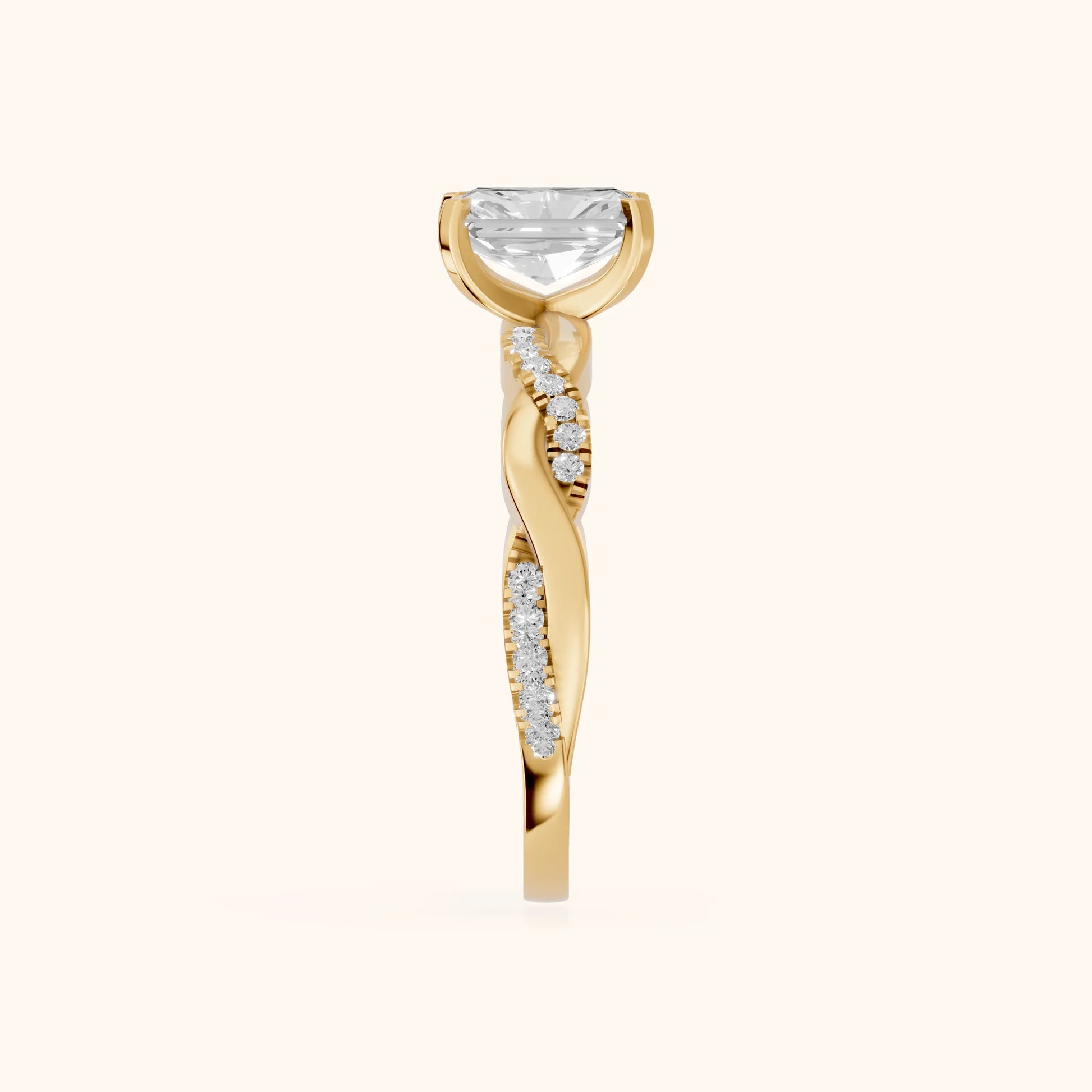 Twisted Side Stone Radiant Diamond Engagement Ring in Yellow Gold - SideView
