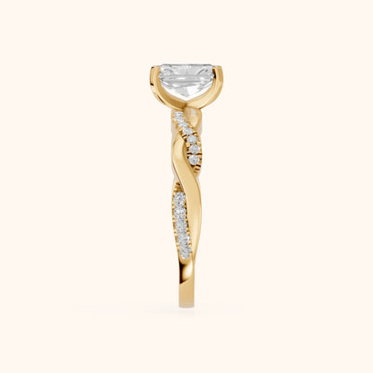 Twisted Side Stone Radiant Diamond Engagement Ring in Yellow Gold - SideView