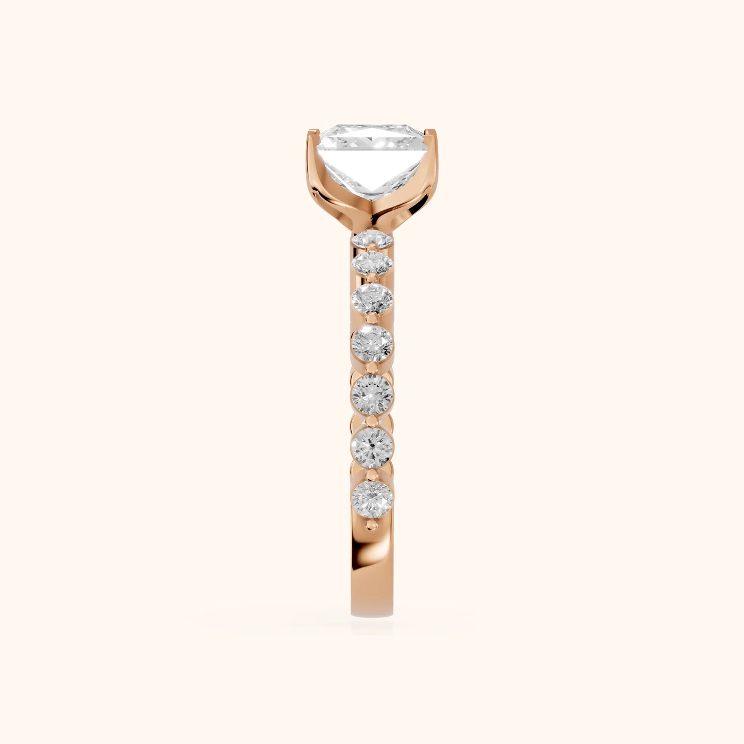 Eleanor Majesty Side Stone Princess Diamond Engagement Ring in Rose Gold - SideView