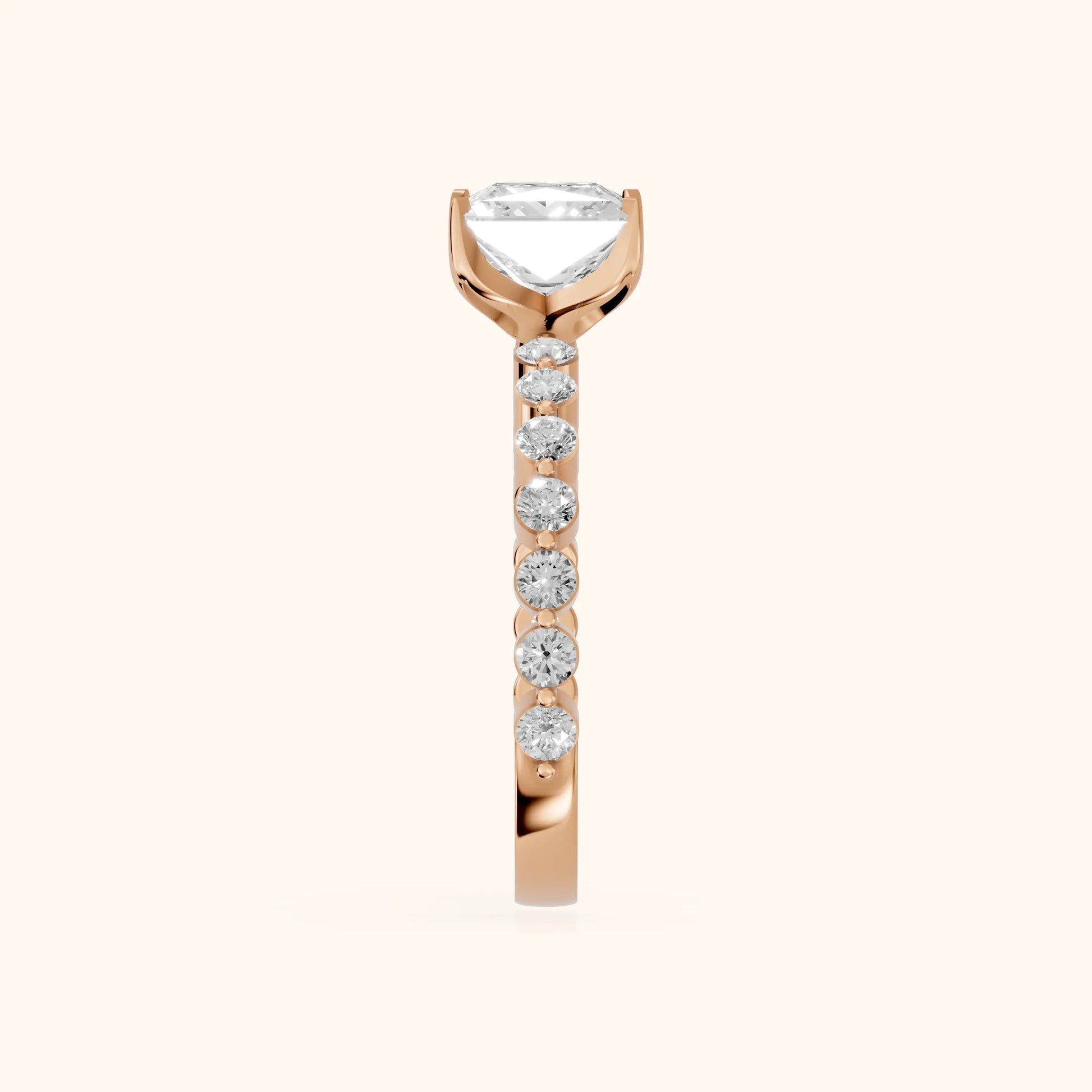Eleanor Majesty Side Stone Princess Diamond Engagement Ring in Rose Gold - SideView