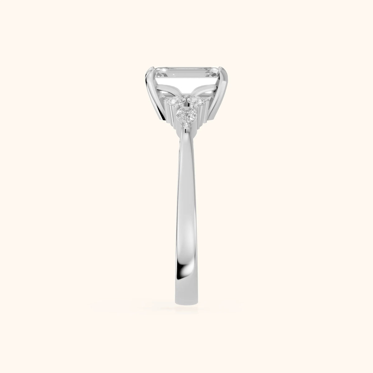 Amelia Three Stone Emerald Diamond Engagement Ring in Platinum - SideView