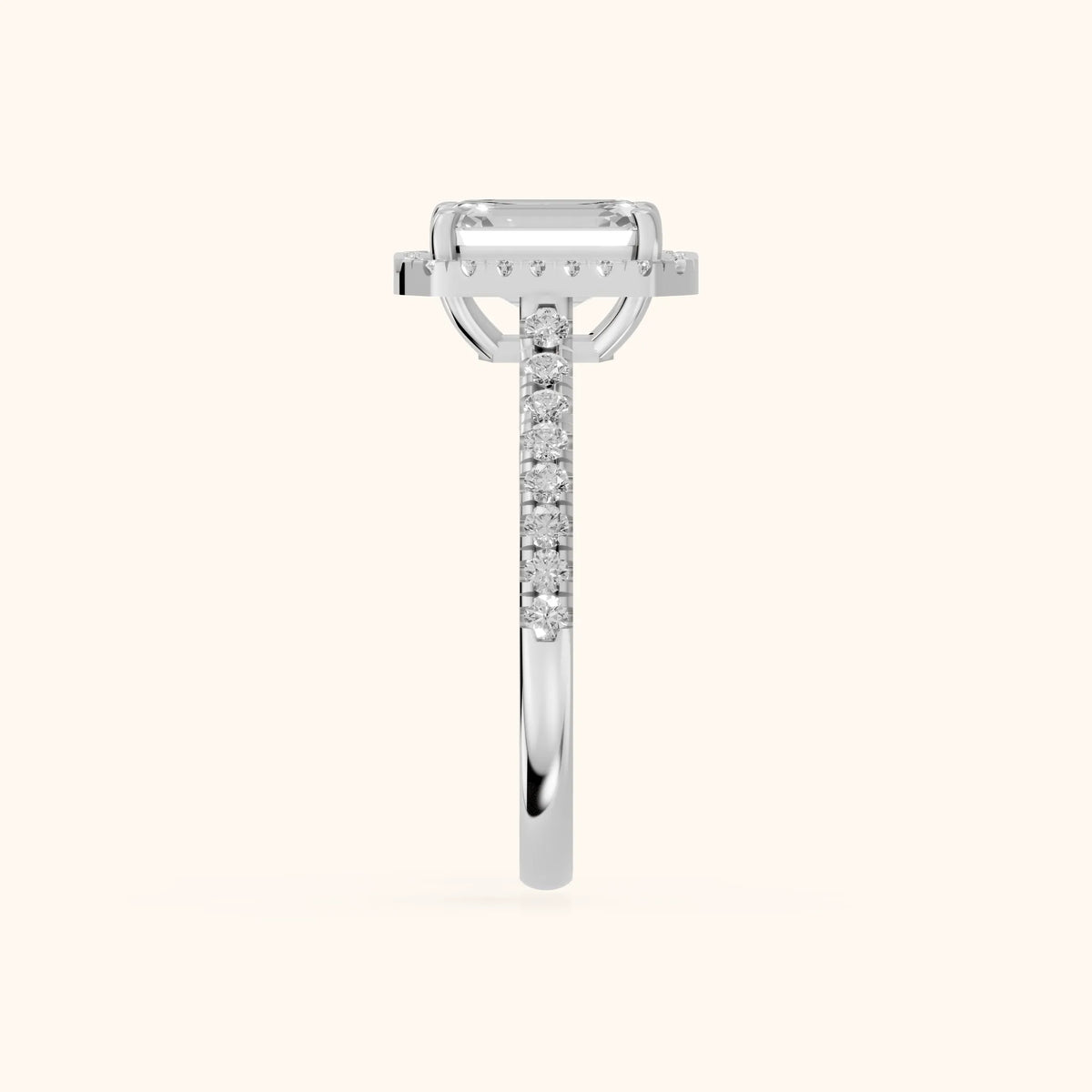 Mabel Halo French Pavé Emerald Diamond Engagement Ring in Platinum - SideView.webp