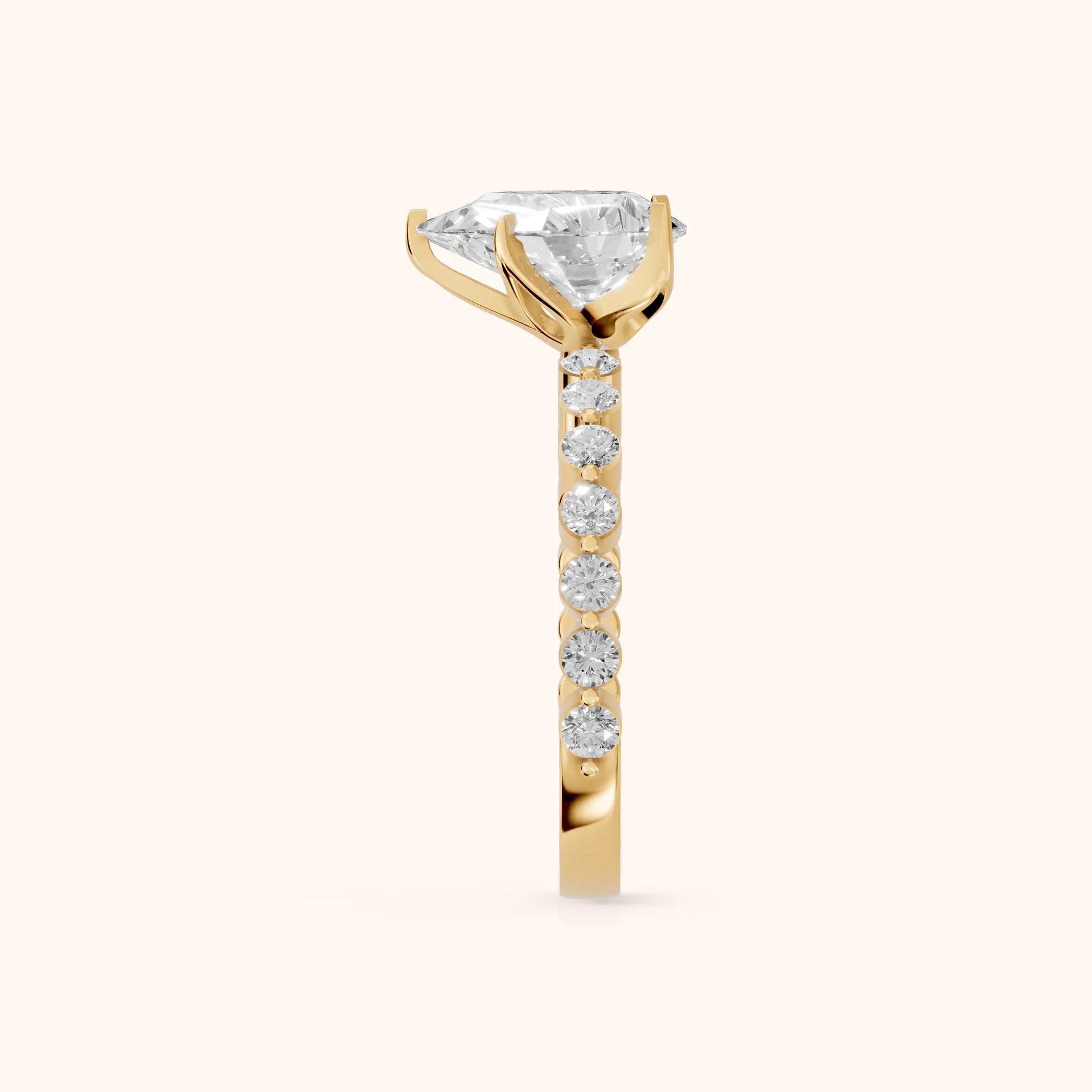 Eleanor Majesty Side Stone Pear Diamond Engagement Ring in Yellow Gold - SideView
