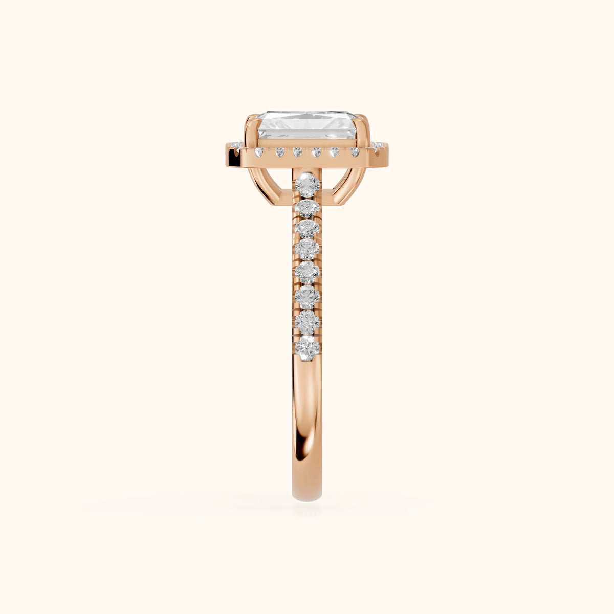 Mabel Halo French Pavé Radiant Diamond Engagement Ring in Rose Gold - SideView.webp