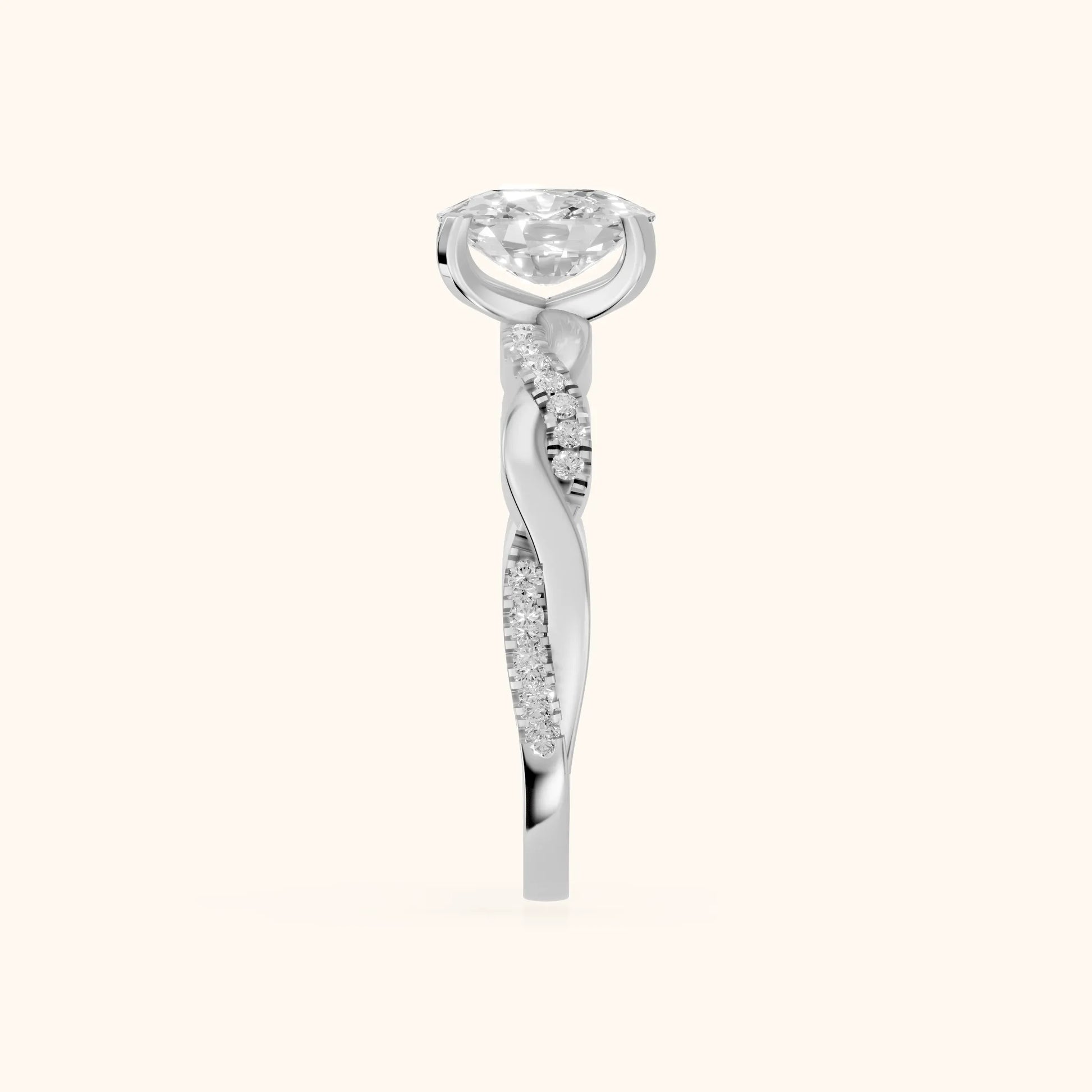 Twisted Side Stone Cushion Diamond Engagement Ring in White Gold - SideView