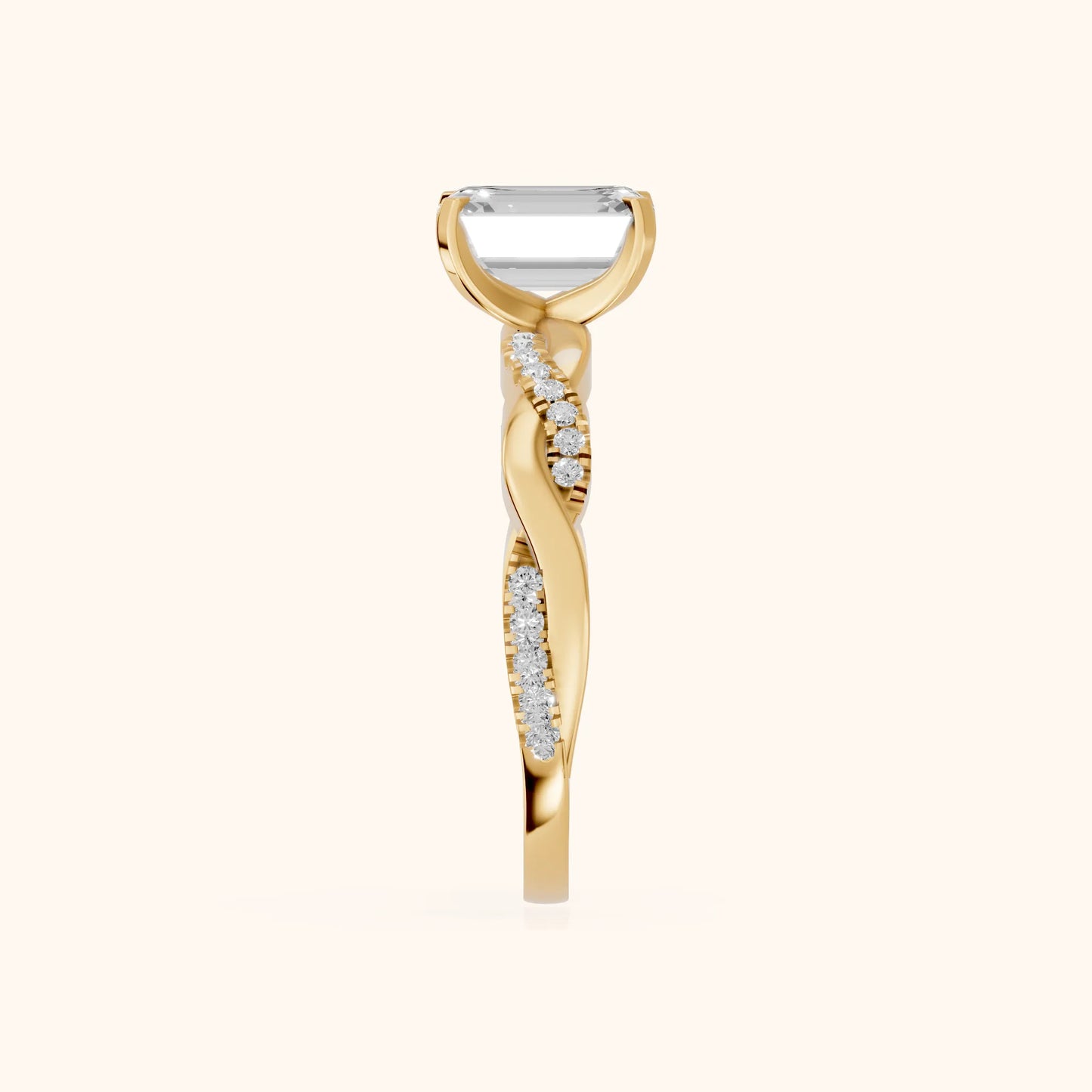 Twisted Side Stone Emerald Diamond Engagement Ring in Yellow Gold - SideView