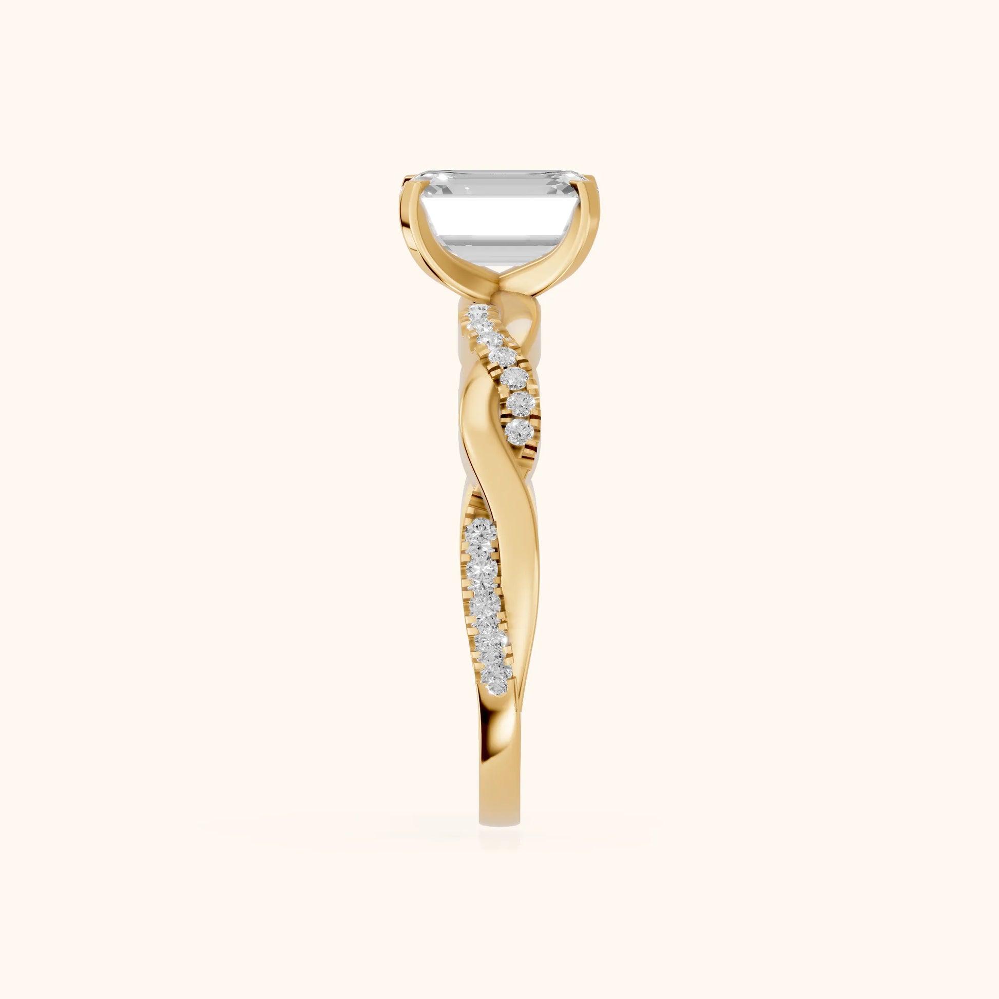 Twisted Side Stone Emerald Diamond Engagement Ring in Yellow Gold - SideView