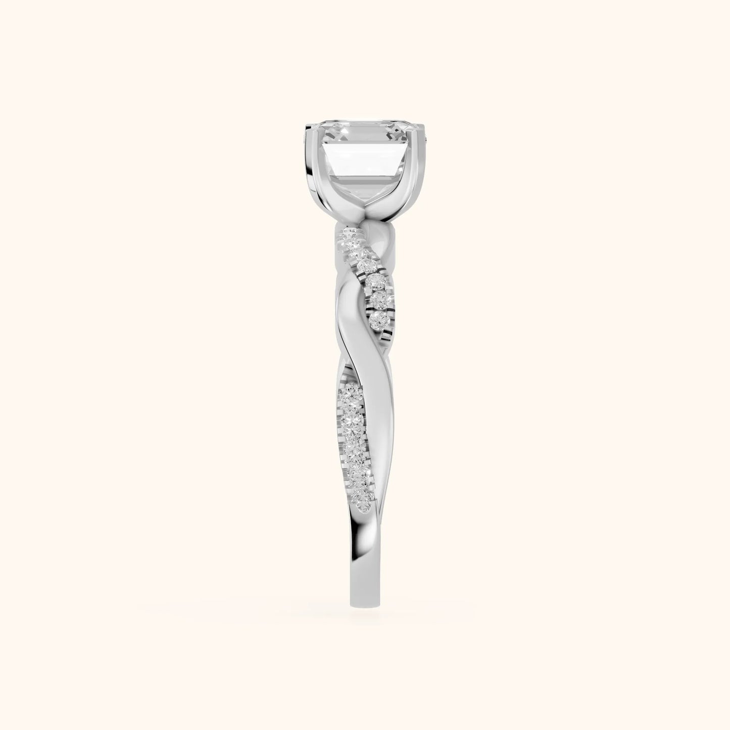 Twisted Side Stone Asscher Diamond Engagement Ring in White Gold - SideView