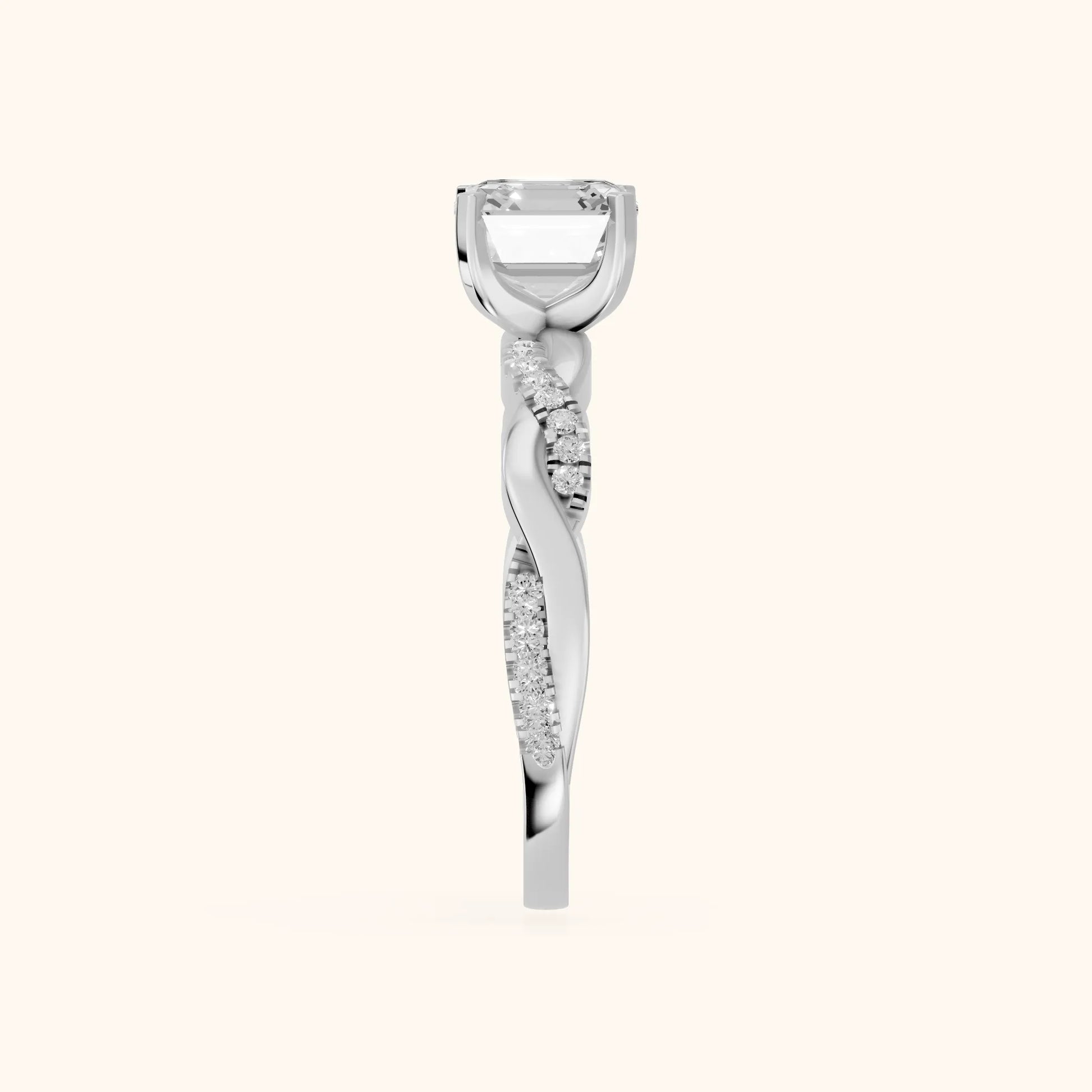 Twisted Side Stone Asscher Diamond Engagement Ring in White Gold - SideView