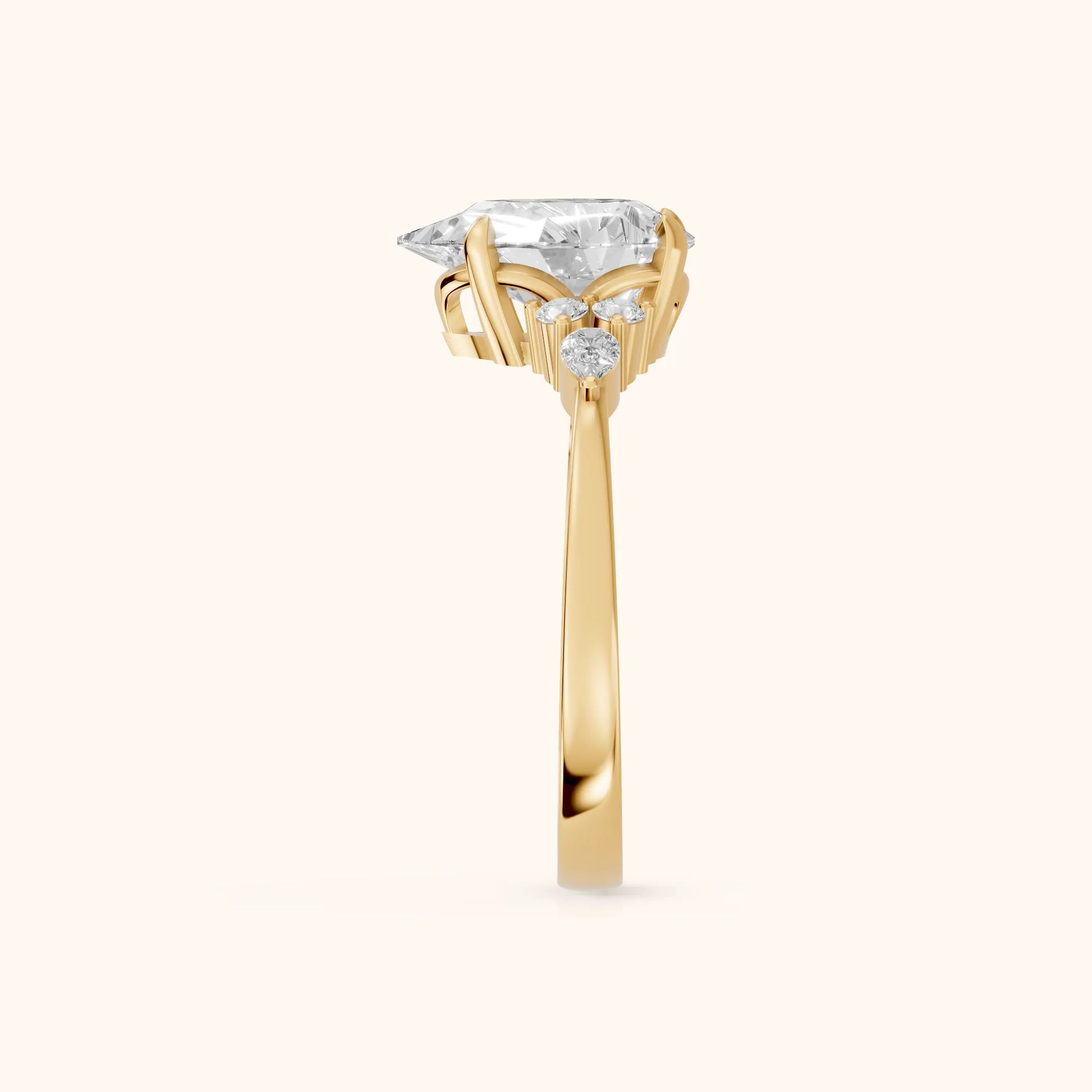 Amelia Three Stone Pear Diamond Engagement Ring in Yellow Gold - SideView