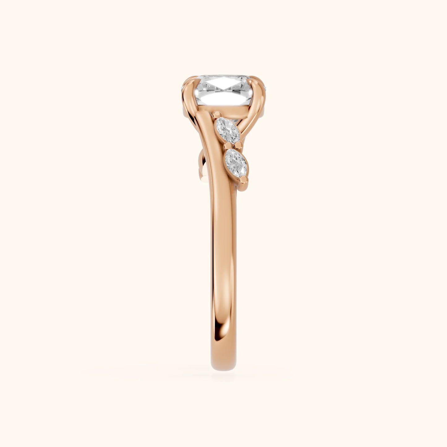 Flora Twist Side Stone Cushion Diamond Engagement Ring in Rose Gold - SideView