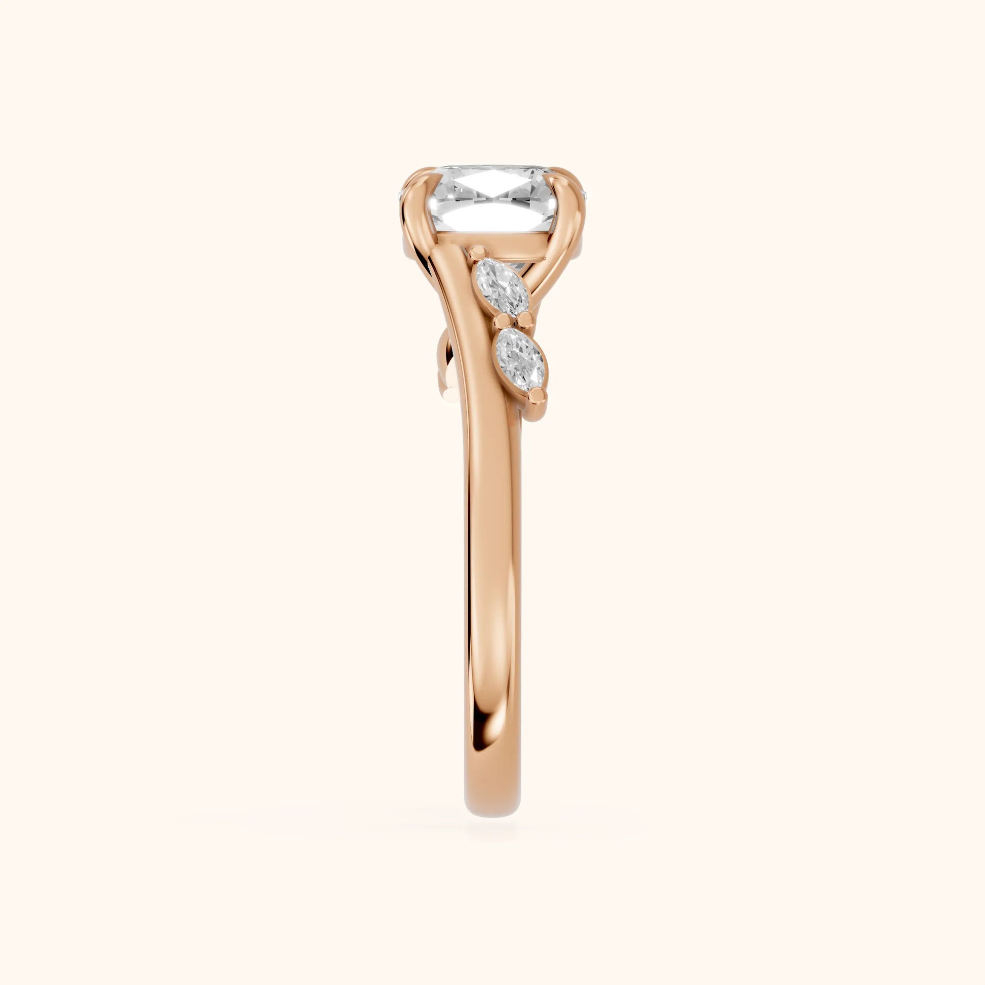 Flora Twist Side Stone Cushion Diamond Engagement Ring in Rose Gold - SideView