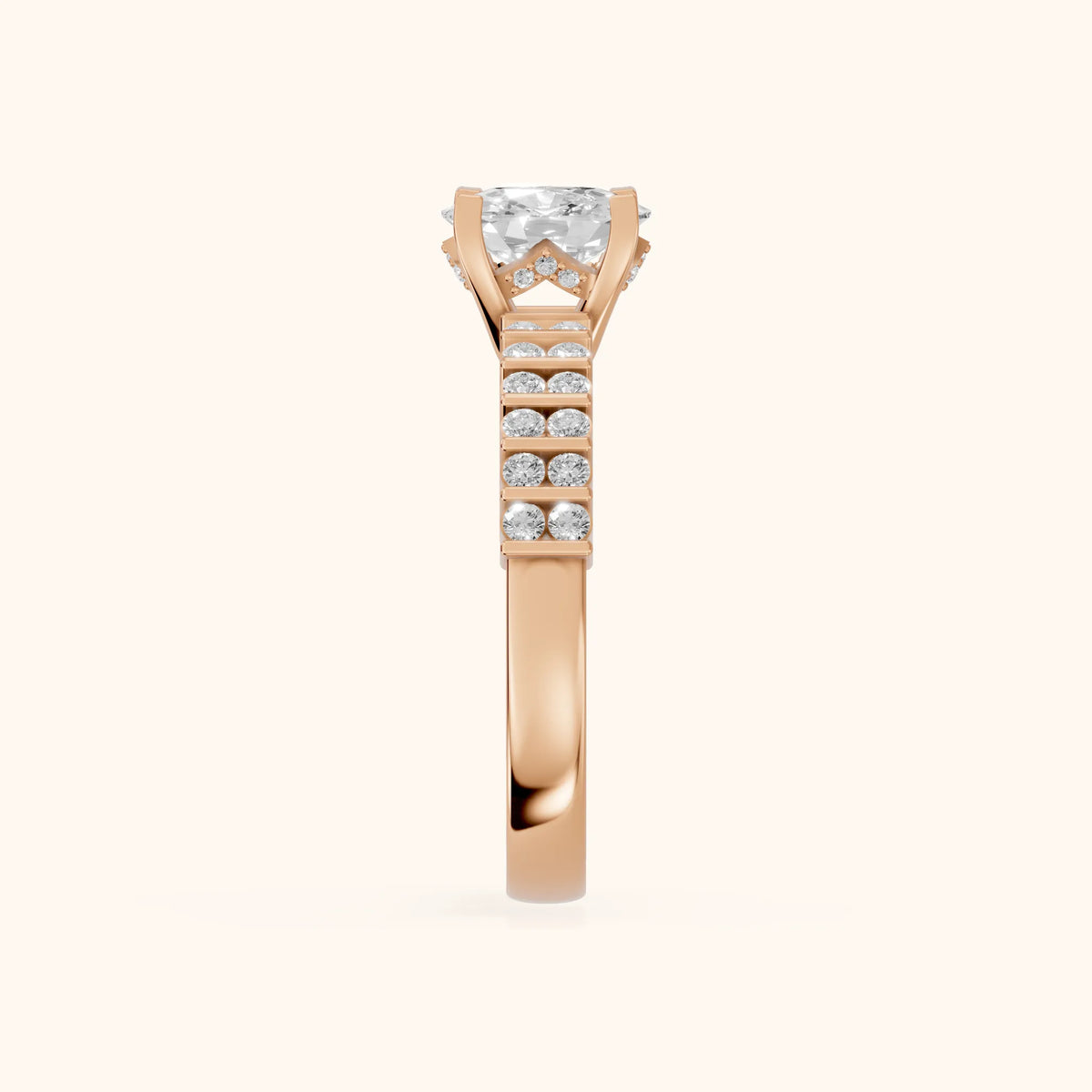 Honor Sidestone Cushion Diamond Engagement Ring in Rose Gold - SideView.webp