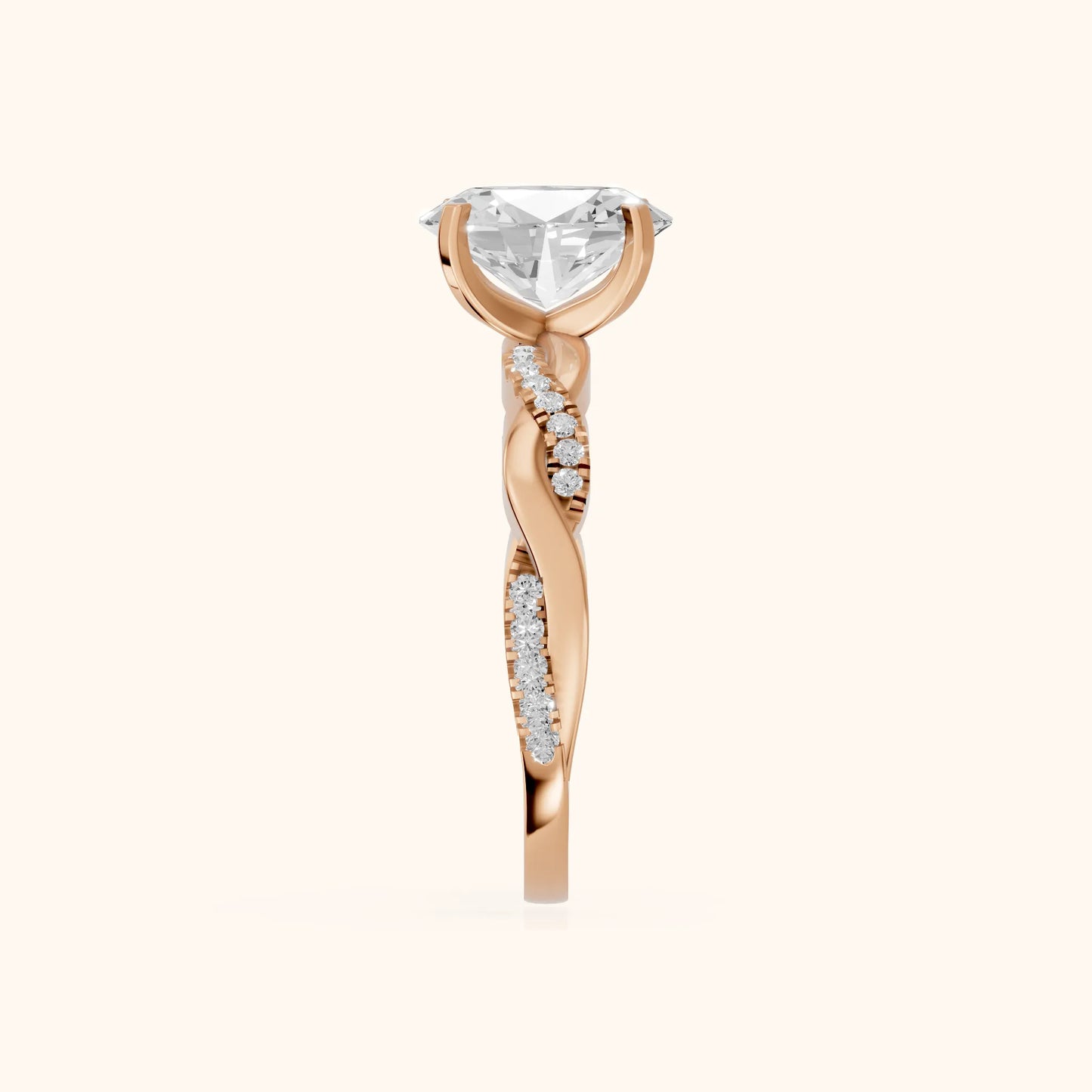 Twisted Side Stone Oval Diamond Engagement Ring in Rose Gold - SideView
