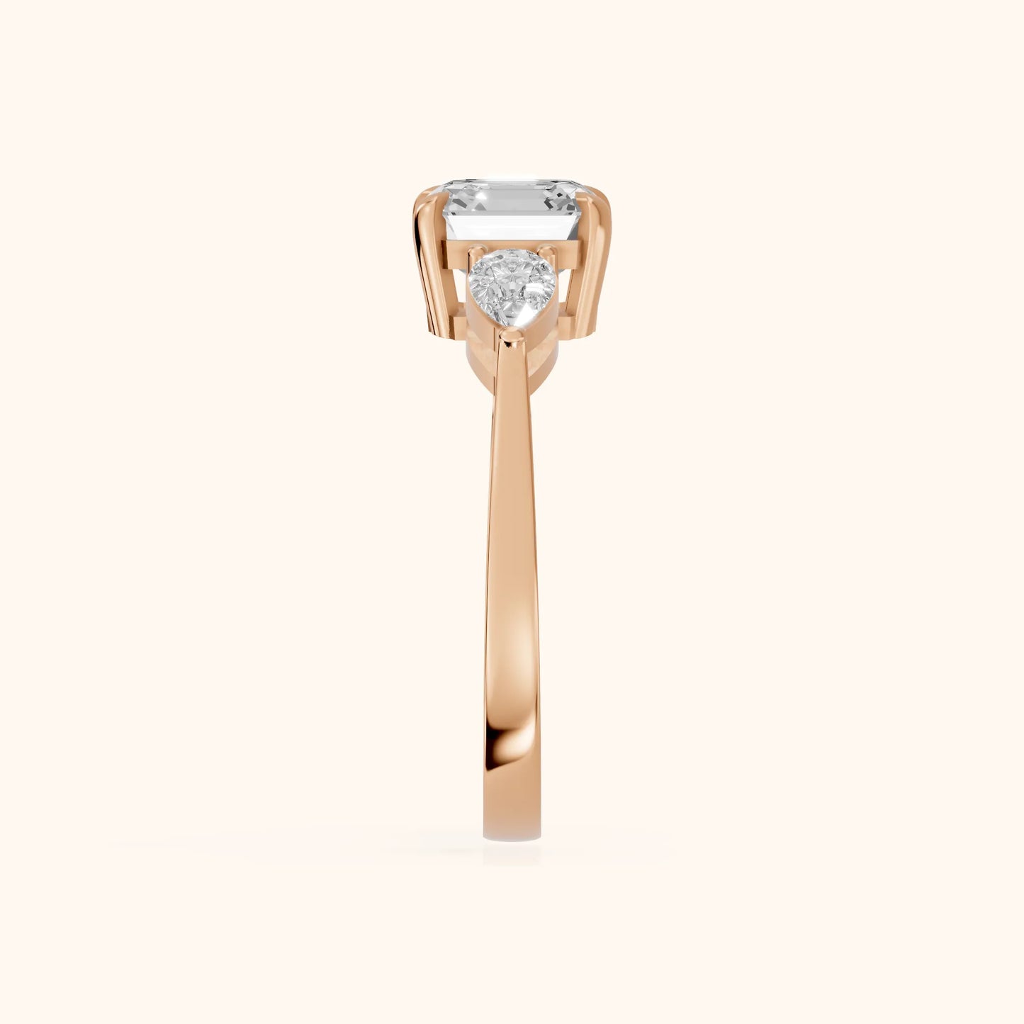Grace Three Stone Asscher Diamond Engagement Ring in Rose Gold - SideView