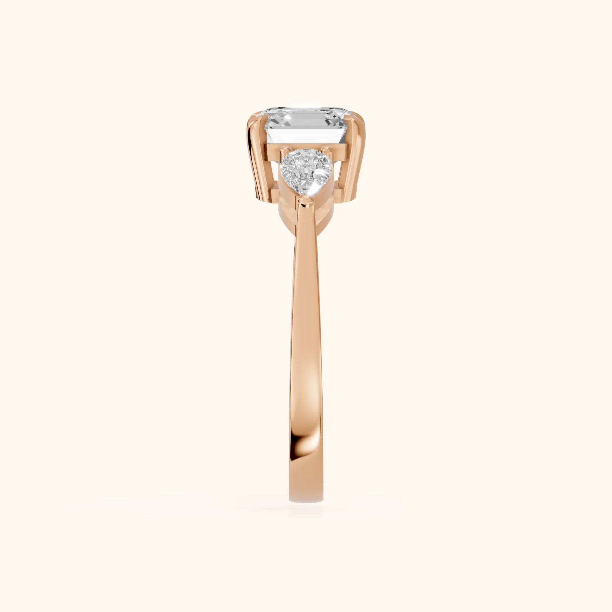 Grace Three Stone Asscher Diamond Engagement Ring in Rose Gold - SideView