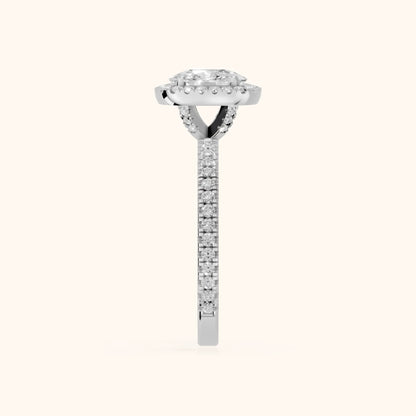 Rosemary Halo Pavé Cushion Diamond Engagement Ring in Platinum - SideView.webp