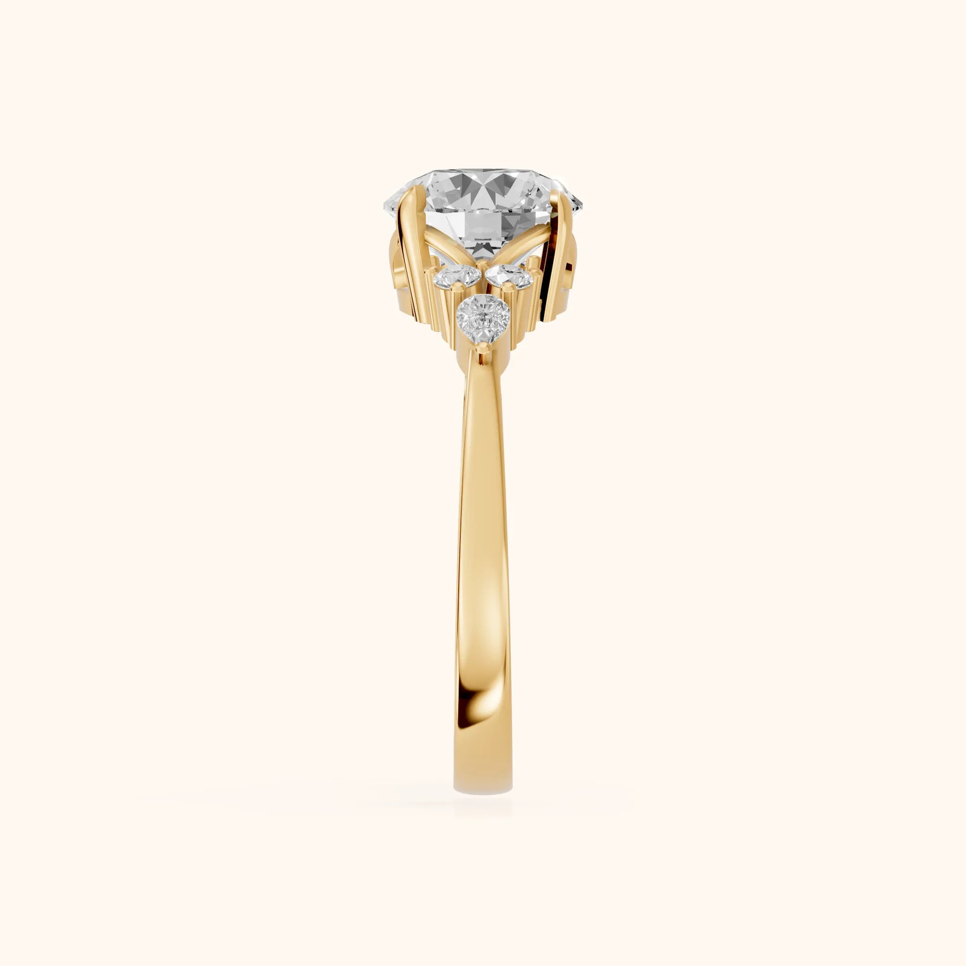 Amelia Three Stone Round Diamond Engagement Ring in Yellow Gold - SideView