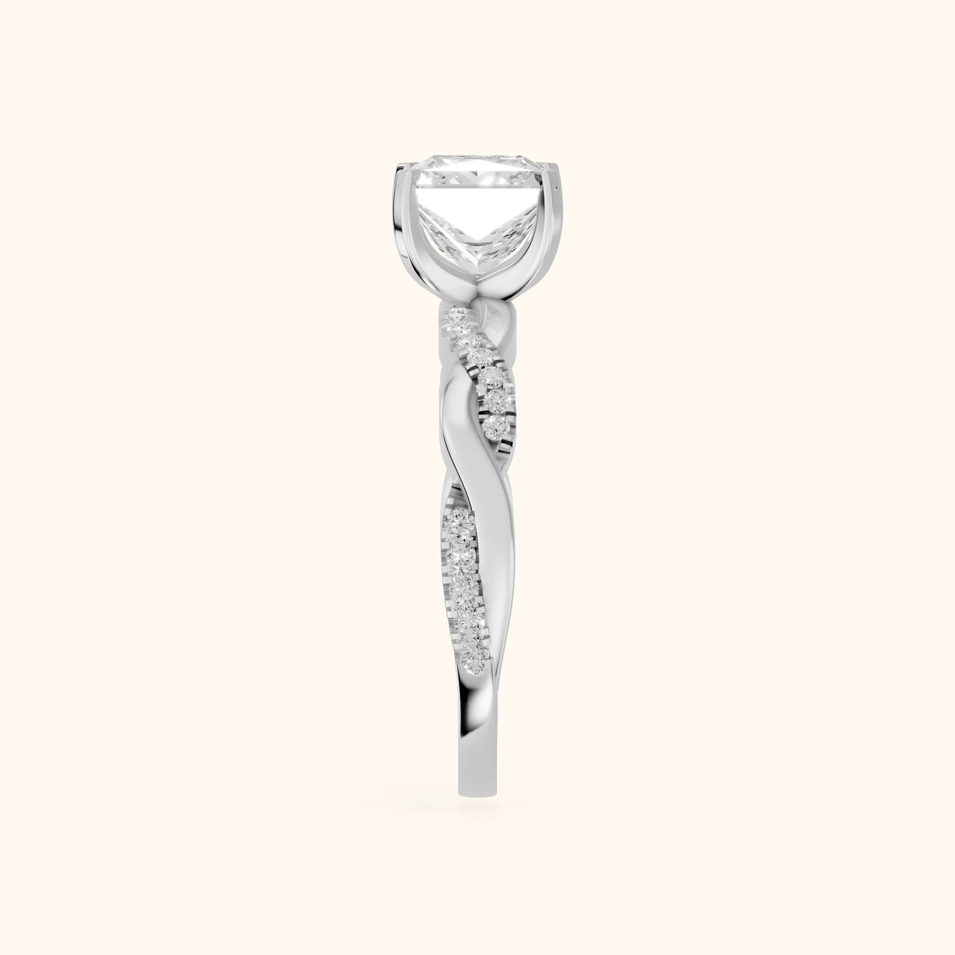 Twisted Side Stone Princess Diamond Engagement Ring in Silver - SideView