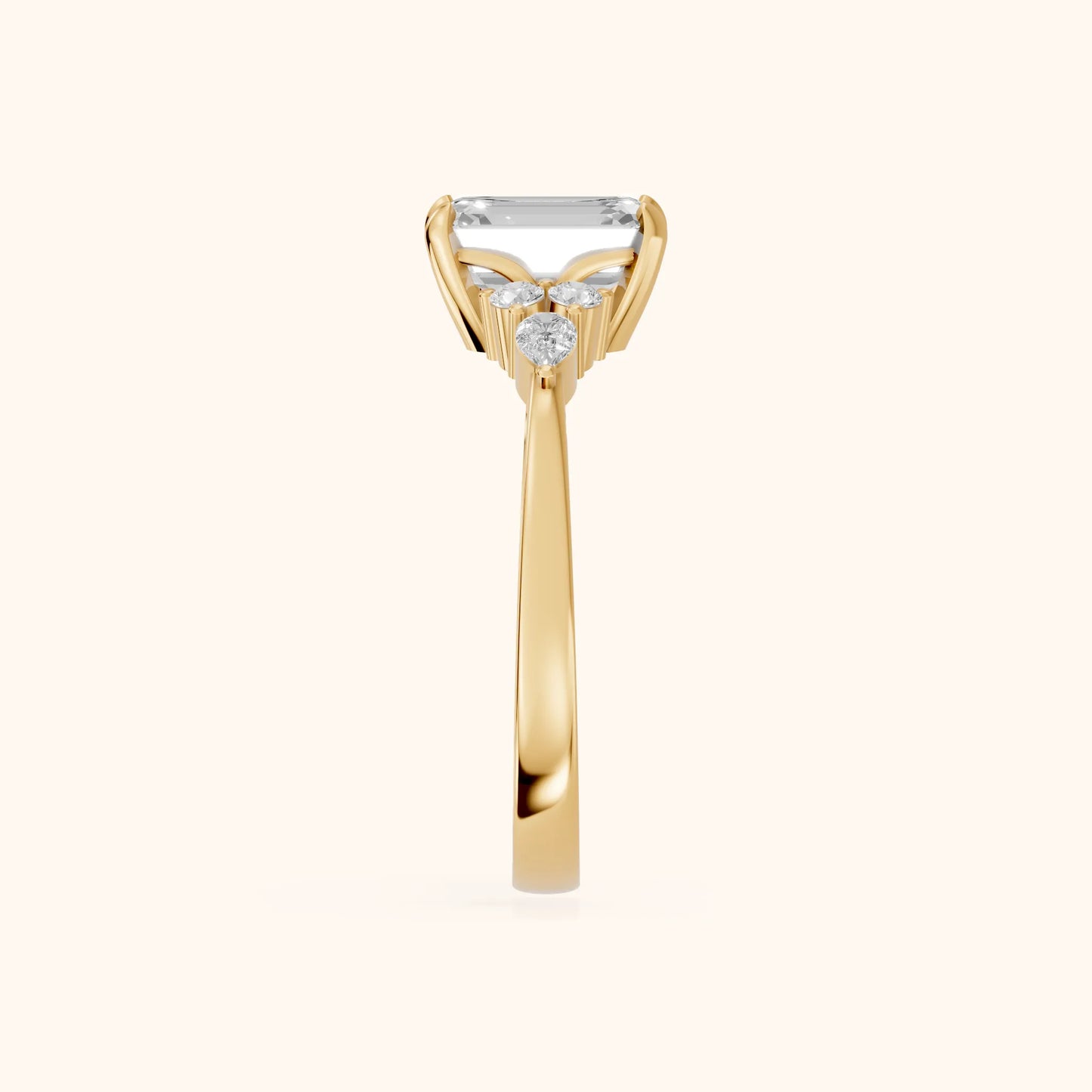 Amelia Three Stone Emerald Diamond Engagement Ring in Yellow Gold - SideView