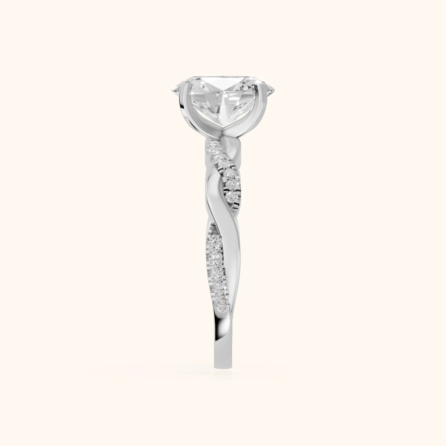 Twisted Side Stone Oval Diamond Engagement Ring in White Gold - SideView