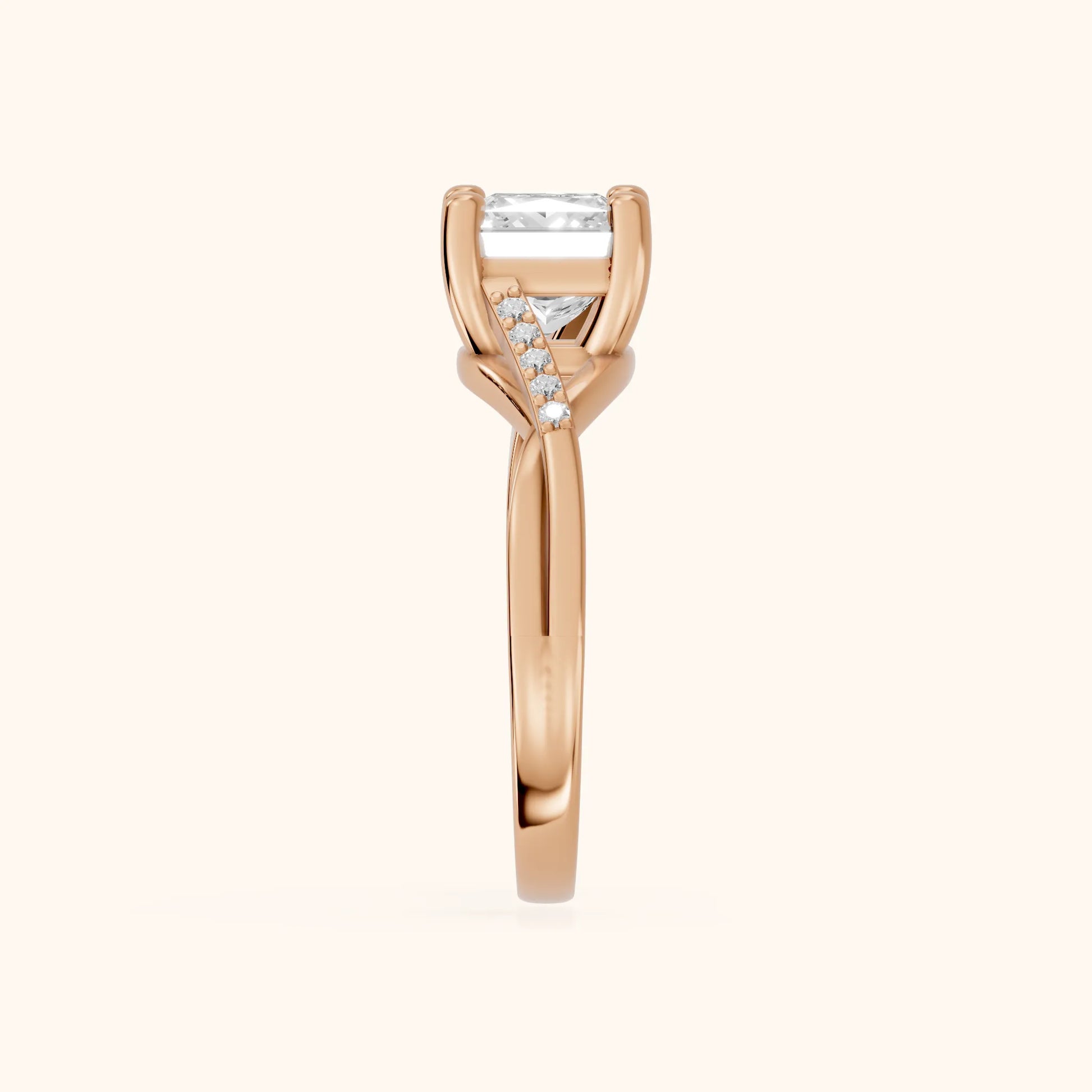 Veronica Twist Side Stone Princess Diamond Engagement Ring in Rose Gold - SideView