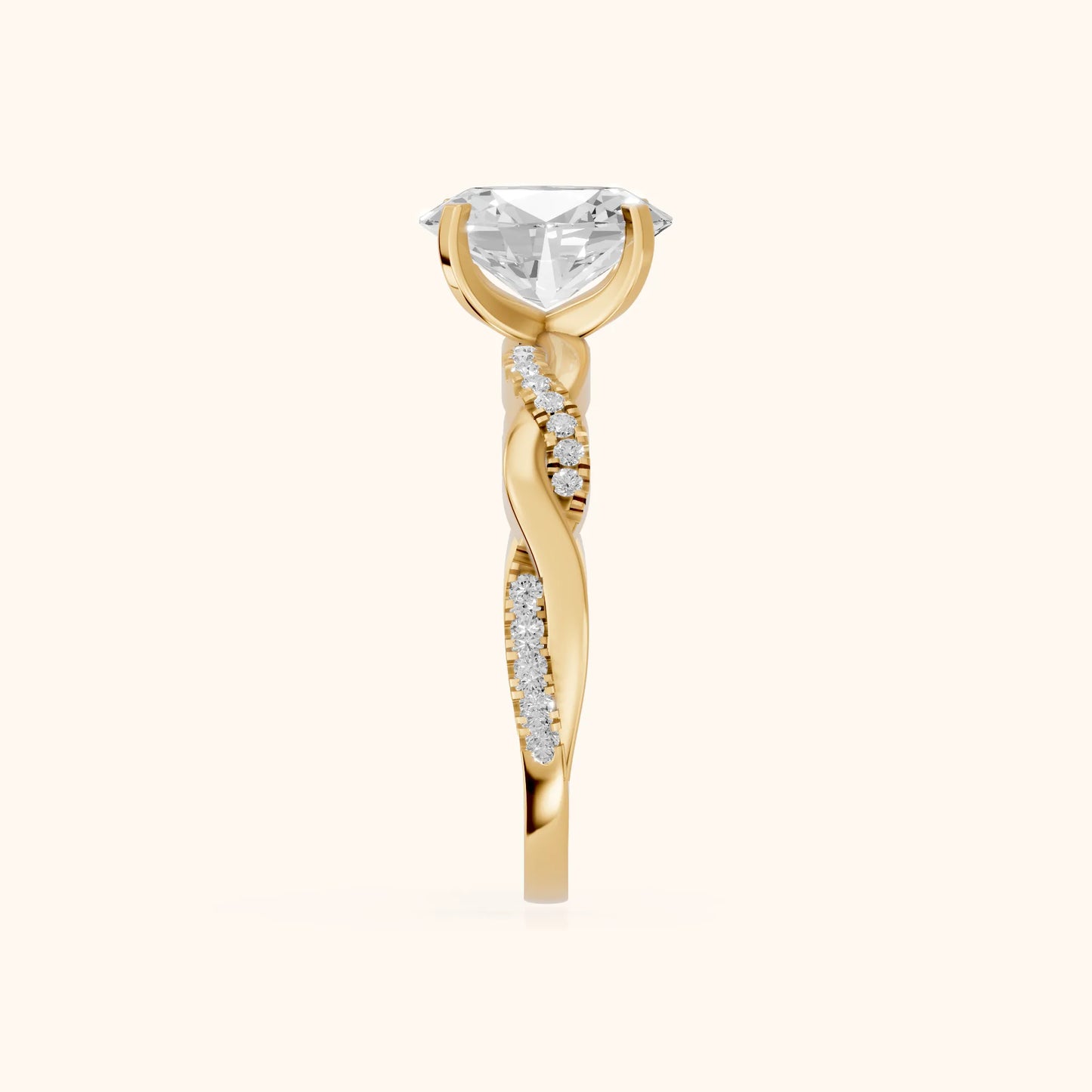 Twisted Side Stone Oval Diamond Engagement Ring in Yellow Gold - SideView