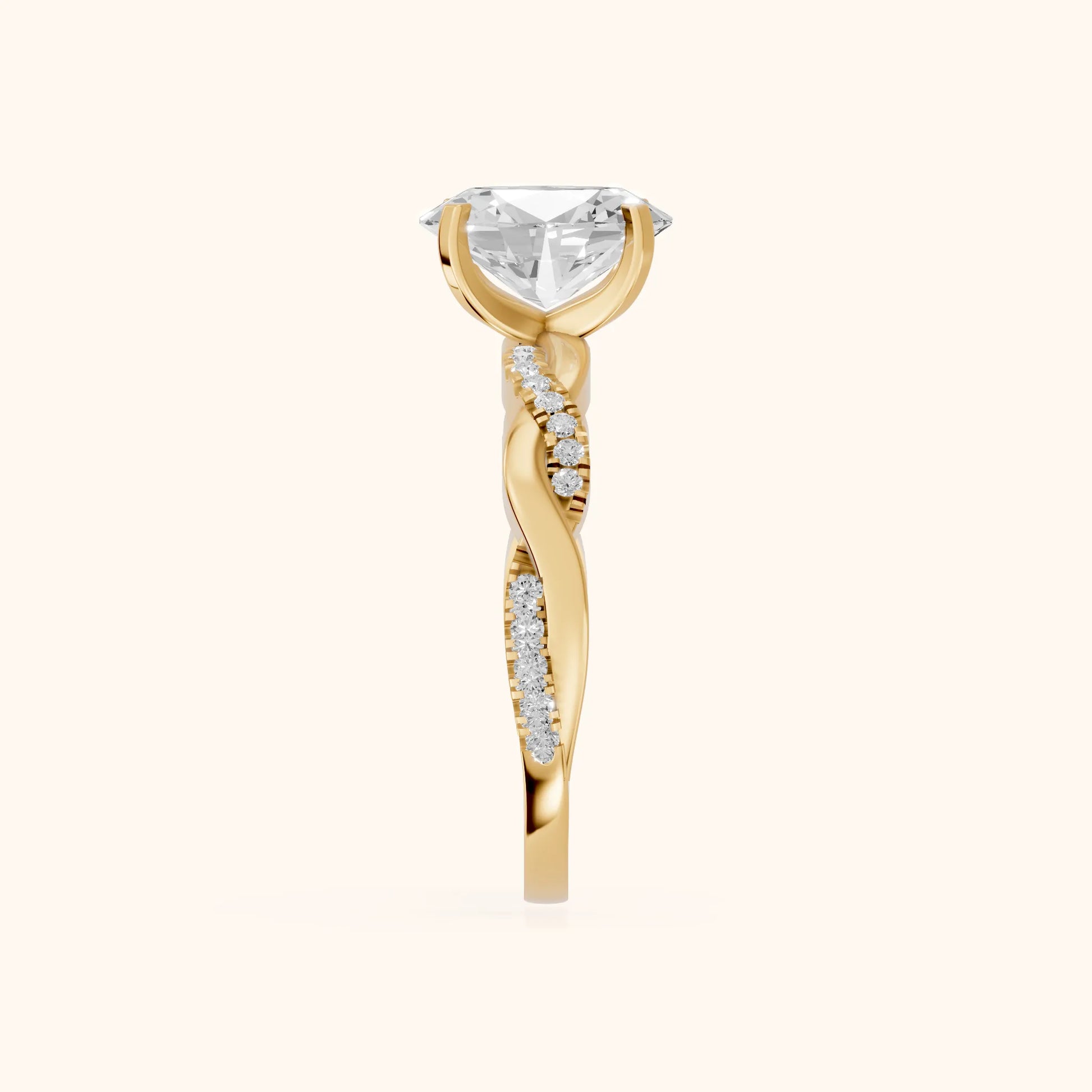 Twisted Side Stone Oval Diamond Engagement Ring in Yellow Gold - SideView
