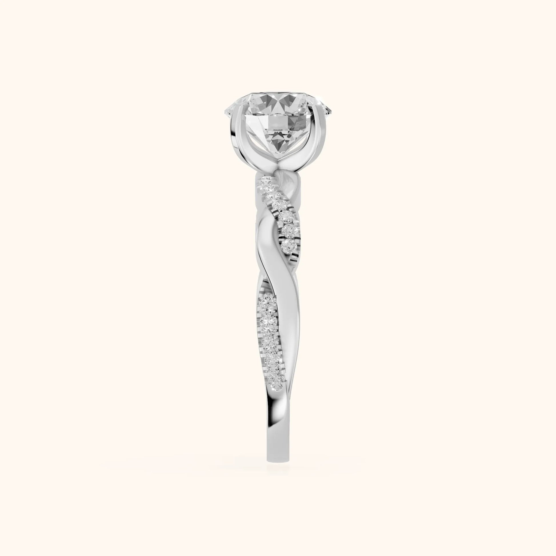 Twisted Side Stone Round Diamond Engagement Ring in Silver - SideView