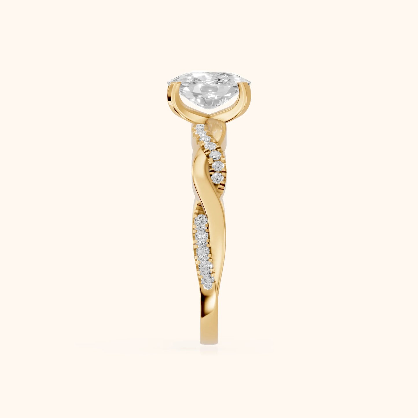 Twisted Side Stone Cushion Diamond Engagement Ring in Yellow Gold - SideView