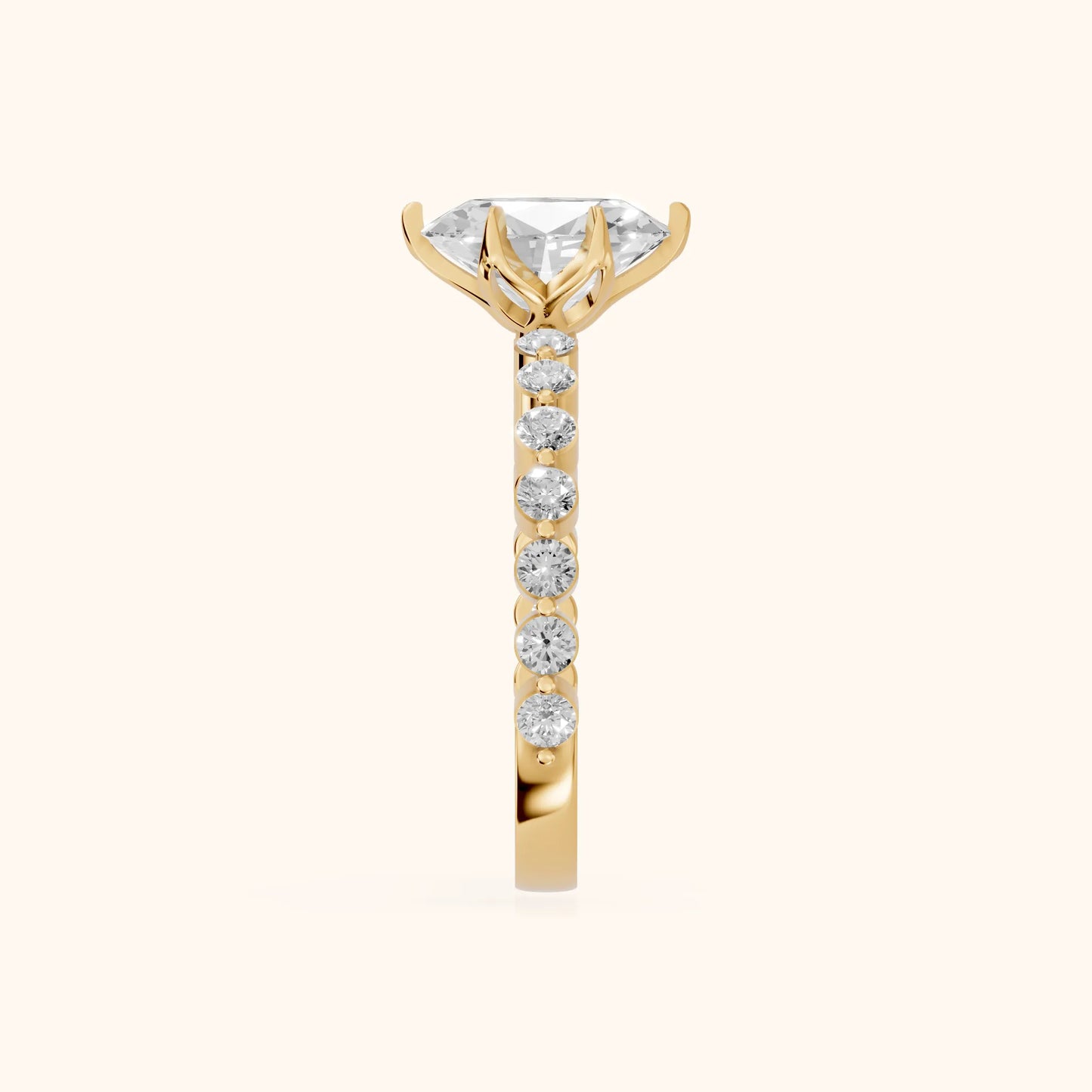 Eleanor Majesty Side Stone Oval Diamond Engagement Ring in Yellow Gold - SideView