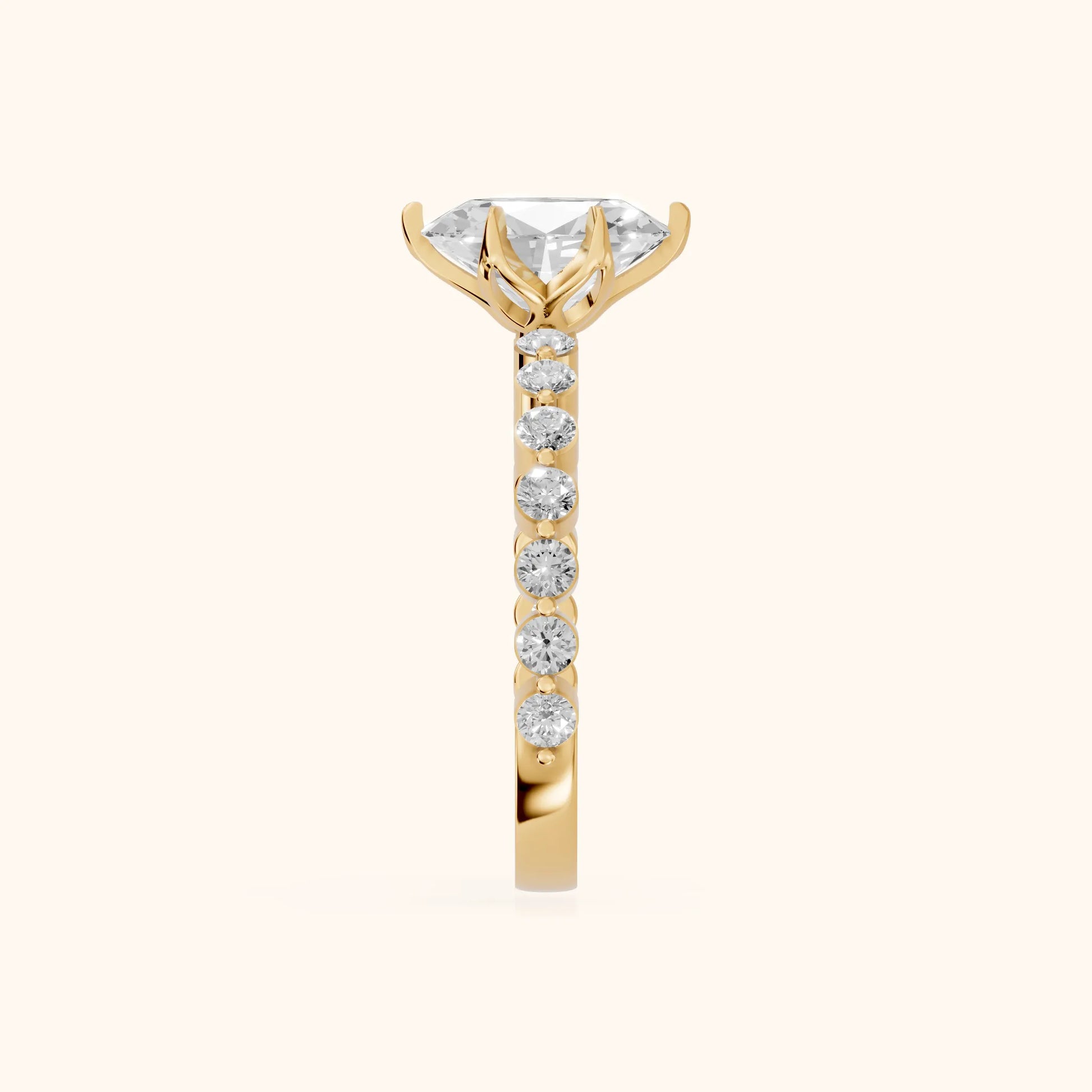 Eleanor Majesty Side Stone Oval Diamond Engagement Ring in Yellow Gold - SideView