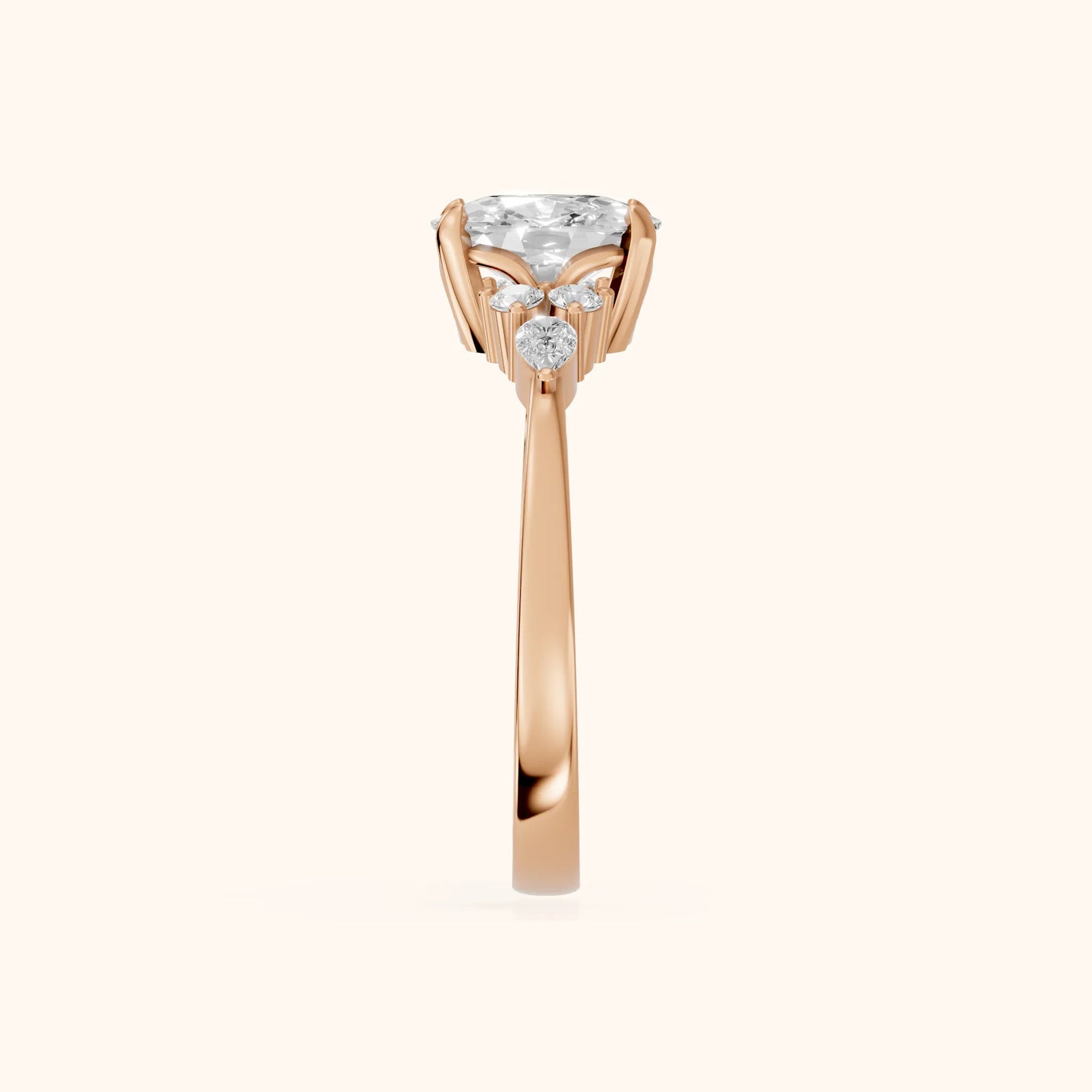 Amelia Three Stone Cushion Diamond Engagement Ring in Rose Gold - SideView