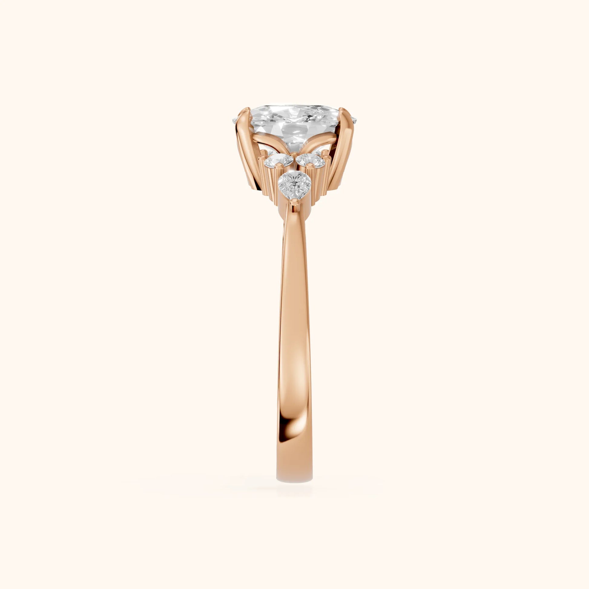 Amelia Three Stone Cushion Diamond Engagement Ring in Rose Gold - SideView