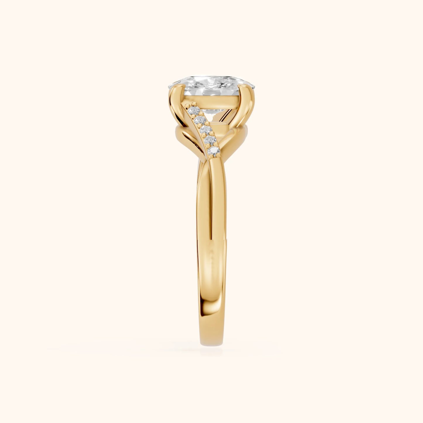 Veronica Twist Side Stone Cushion Diamond Engagement Ring in Yellow Gold - SideView