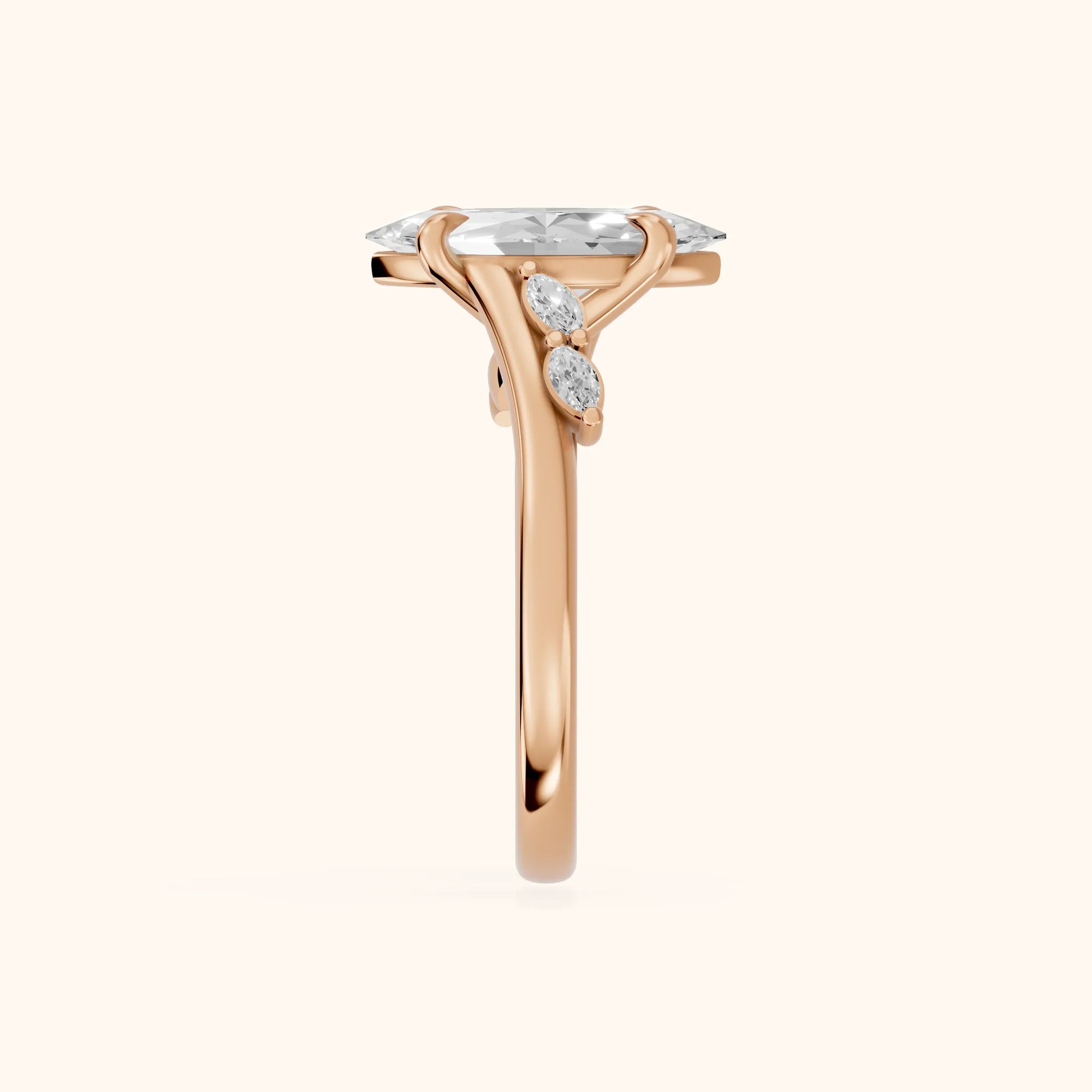 Flora Twist Side Stone Marquise Diamond Engagement Ring in Rose Gold - SideView