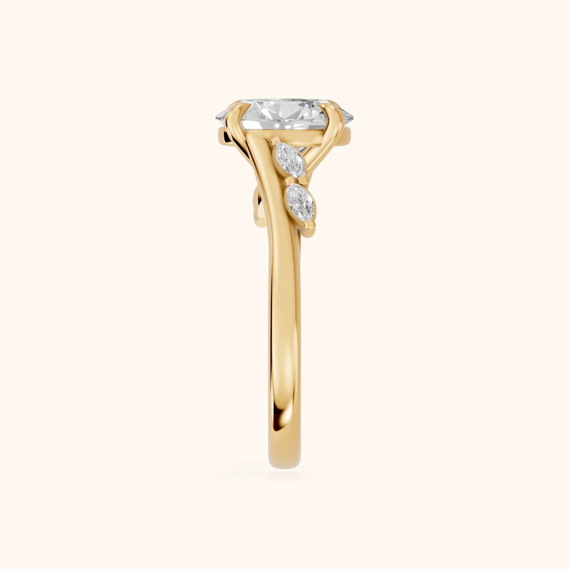 Flora Twist Side Stone Oval Diamond Engagement Ring in Yellow Gold - SideView