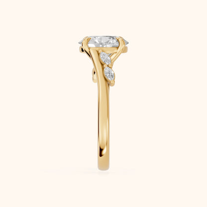 Flora Twist Side Stone Oval Diamond Engagement Ring in Yellow Gold - SideView