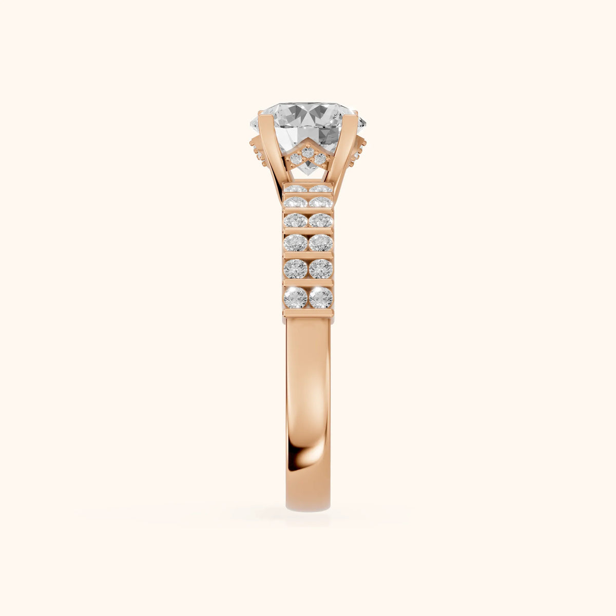 Honor Sidestone Round Diamond Engagement Ring in Rose Gold - SideView.webp