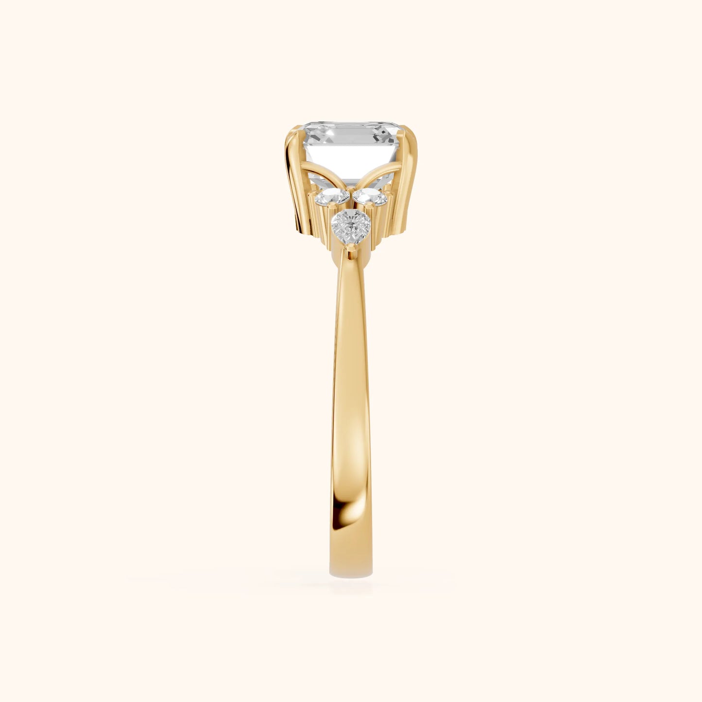 Amelia Three Stone Asscher Diamond Engagement Ring in Yellow Gold - SideView