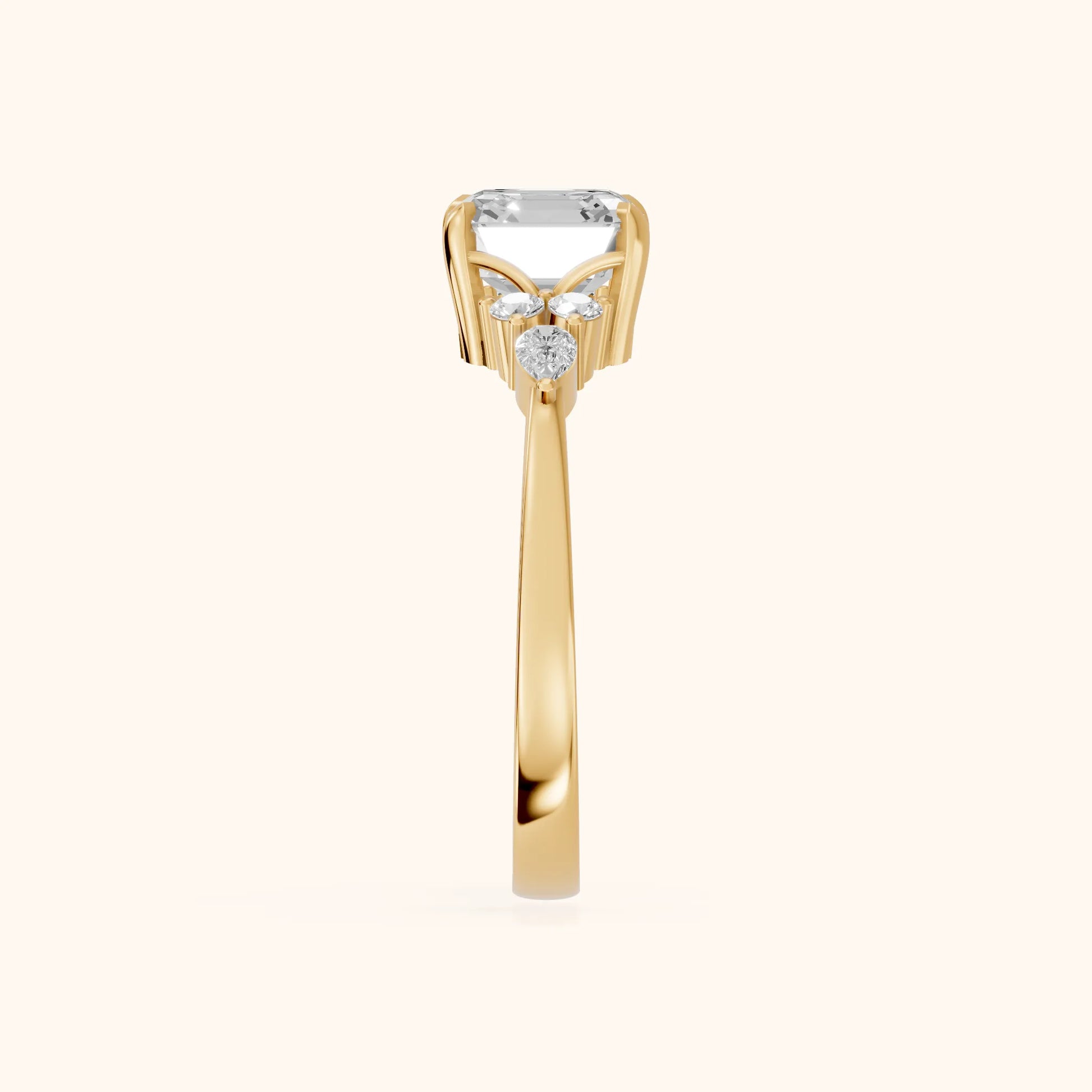 Amelia Three Stone Asscher Diamond Engagement Ring in Yellow Gold - SideView