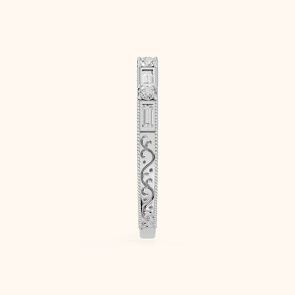 Kyla Milgrain Bezel Baguette & Round Diamond Half Eternity Band in White Gold - SideView