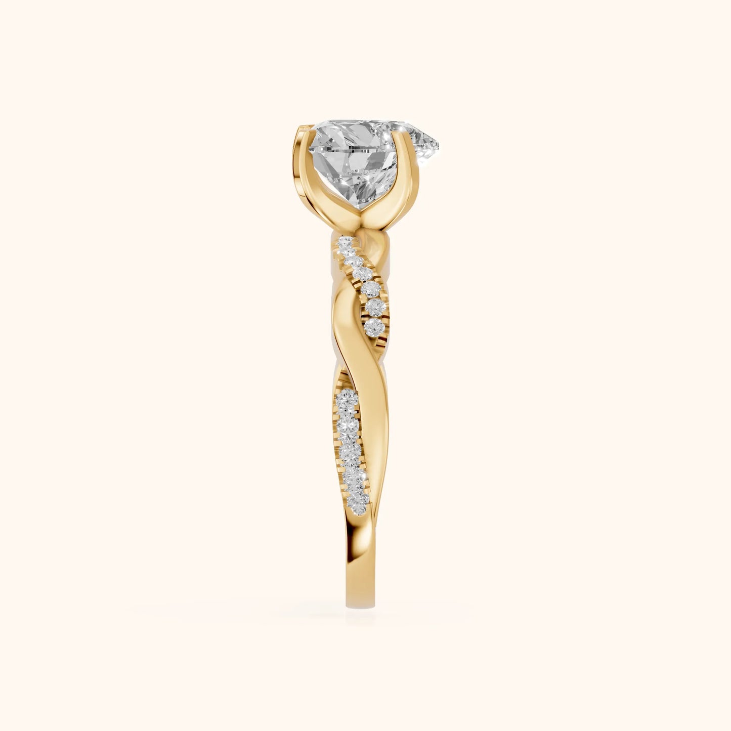 Twisted Side Stone Heart Diamond Engagement Ring in Yellow Gold - SideView
