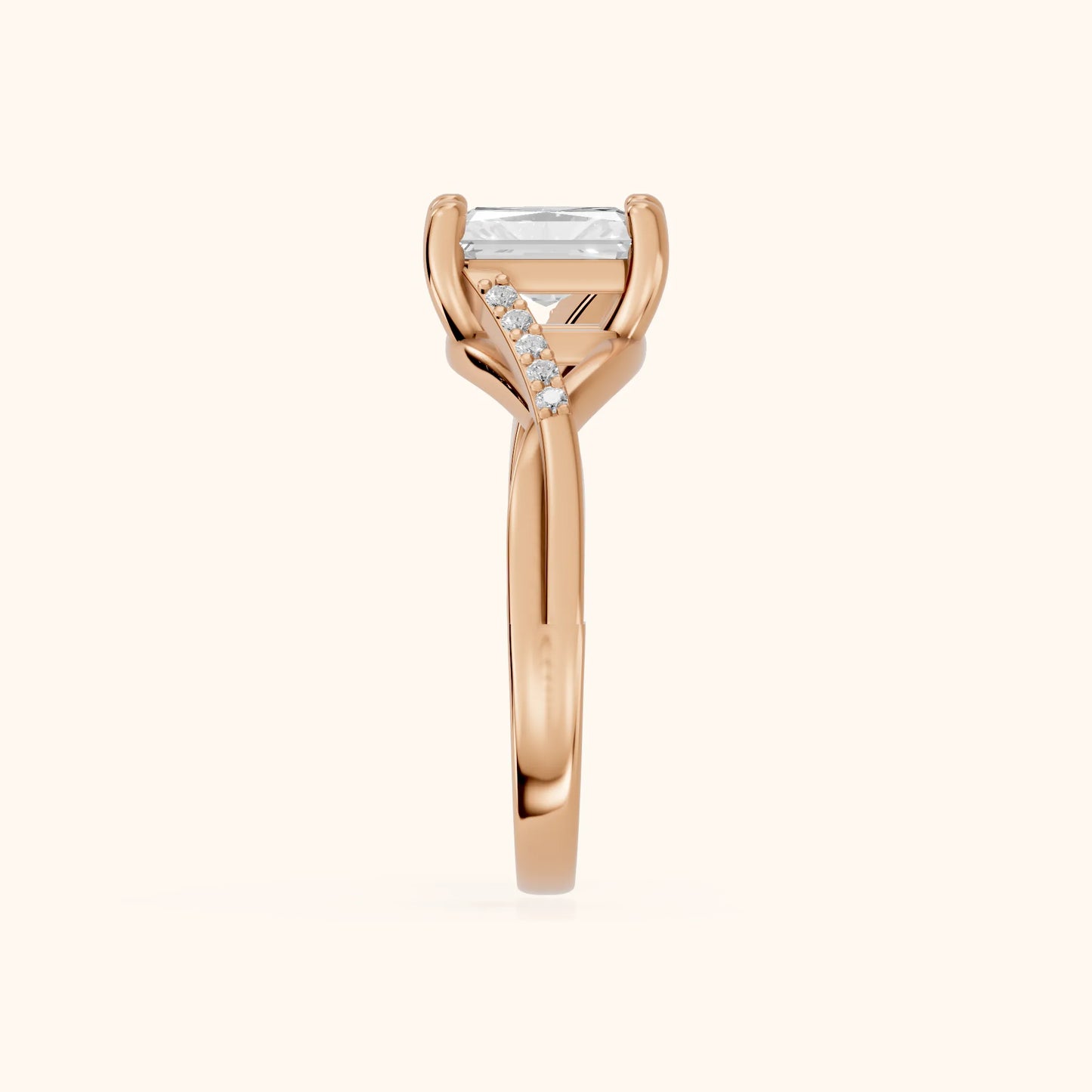 Veronica Twist Side Stone Radiant Diamond Engagement Ring in Rose Gold - SideView