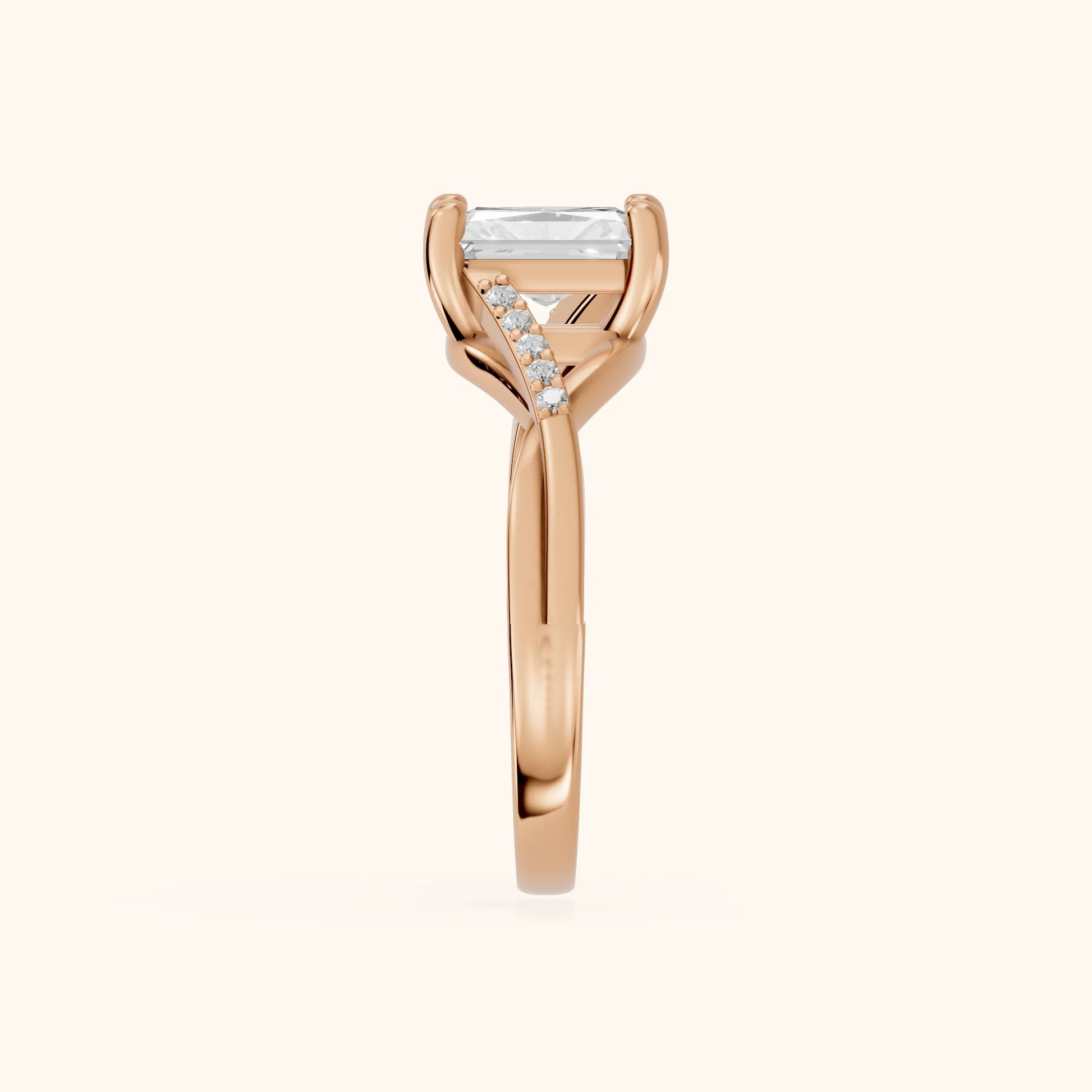 Veronica Twist Side Stone Radiant Diamond Engagement Ring in Rose Gold - SideView