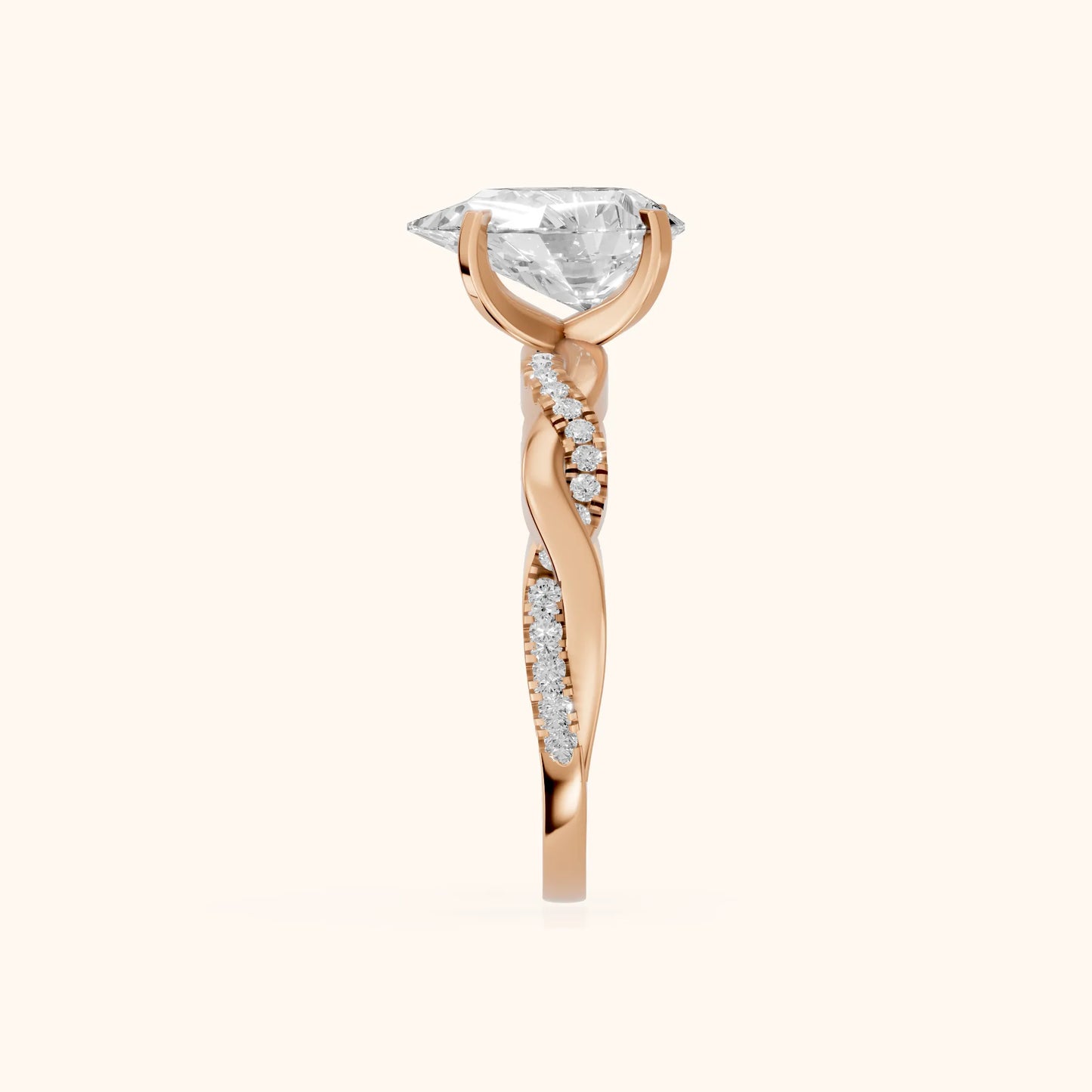 Twisted Side Stone Pear Diamond Engagement Ring in Rose Gold - SideView