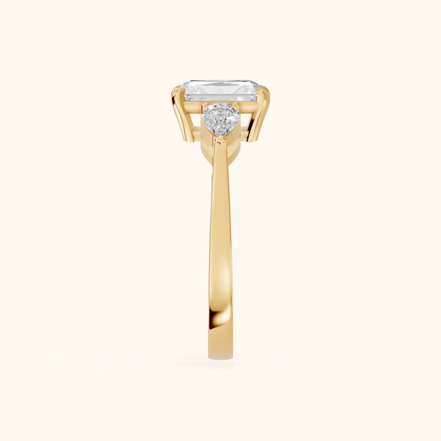Grace Three Stone Radiant Diamond Engagement Ring in Yellow Gold - SideView